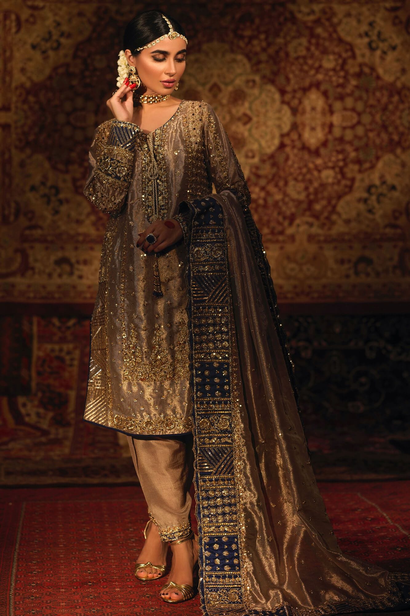 Gold Zardozi Tissue Silk Salwar Kameez (3-Piece) - Image 2