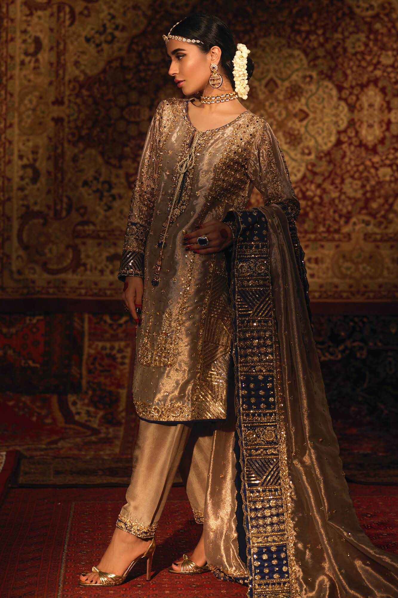 Gold Zardozi Tissue Silk Salwar Kameez (3-Piece) - Image 1