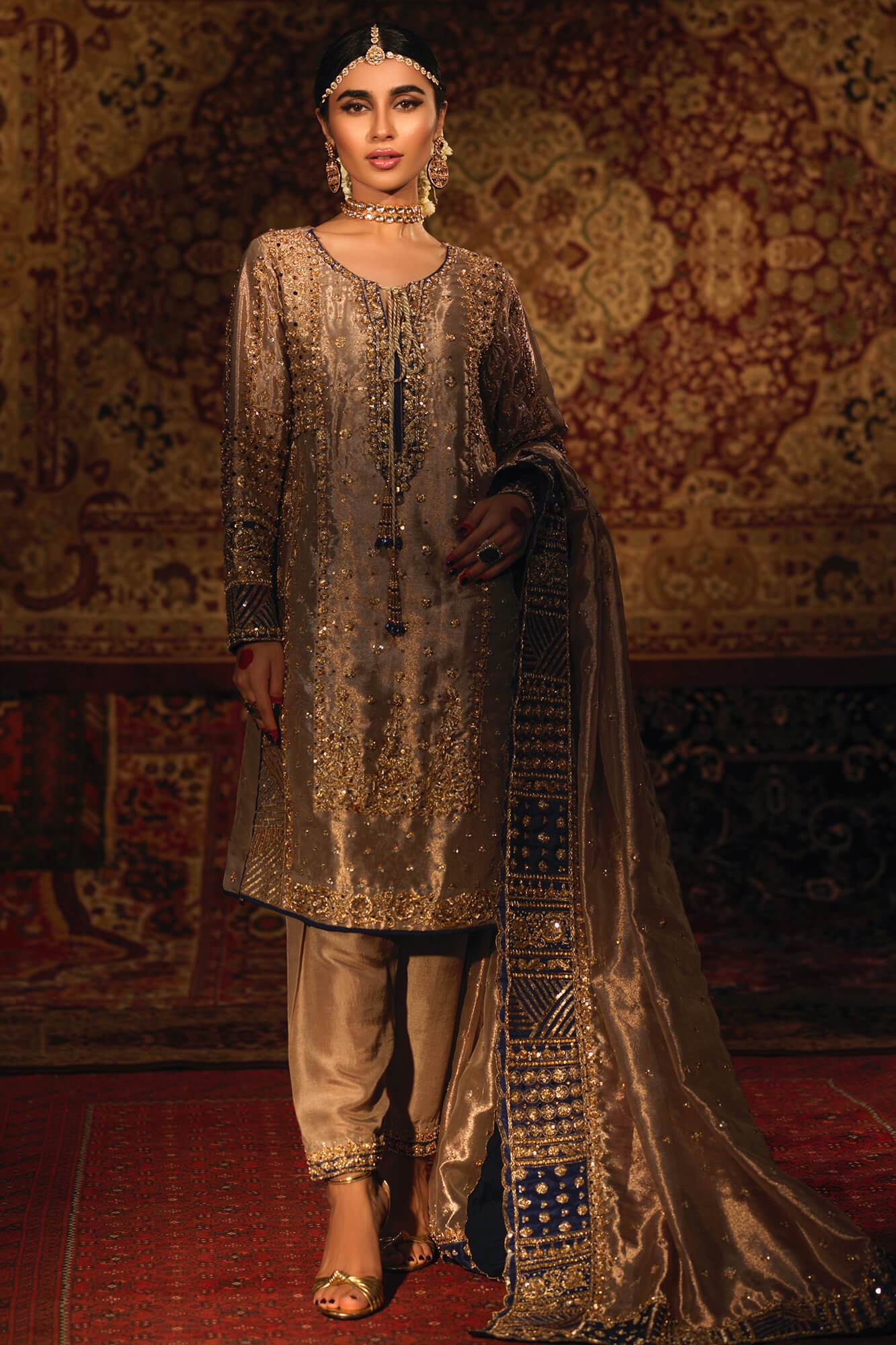 Gold Zardozi Tissue Silk Salwar Kameez (3-Piece) - Image 3