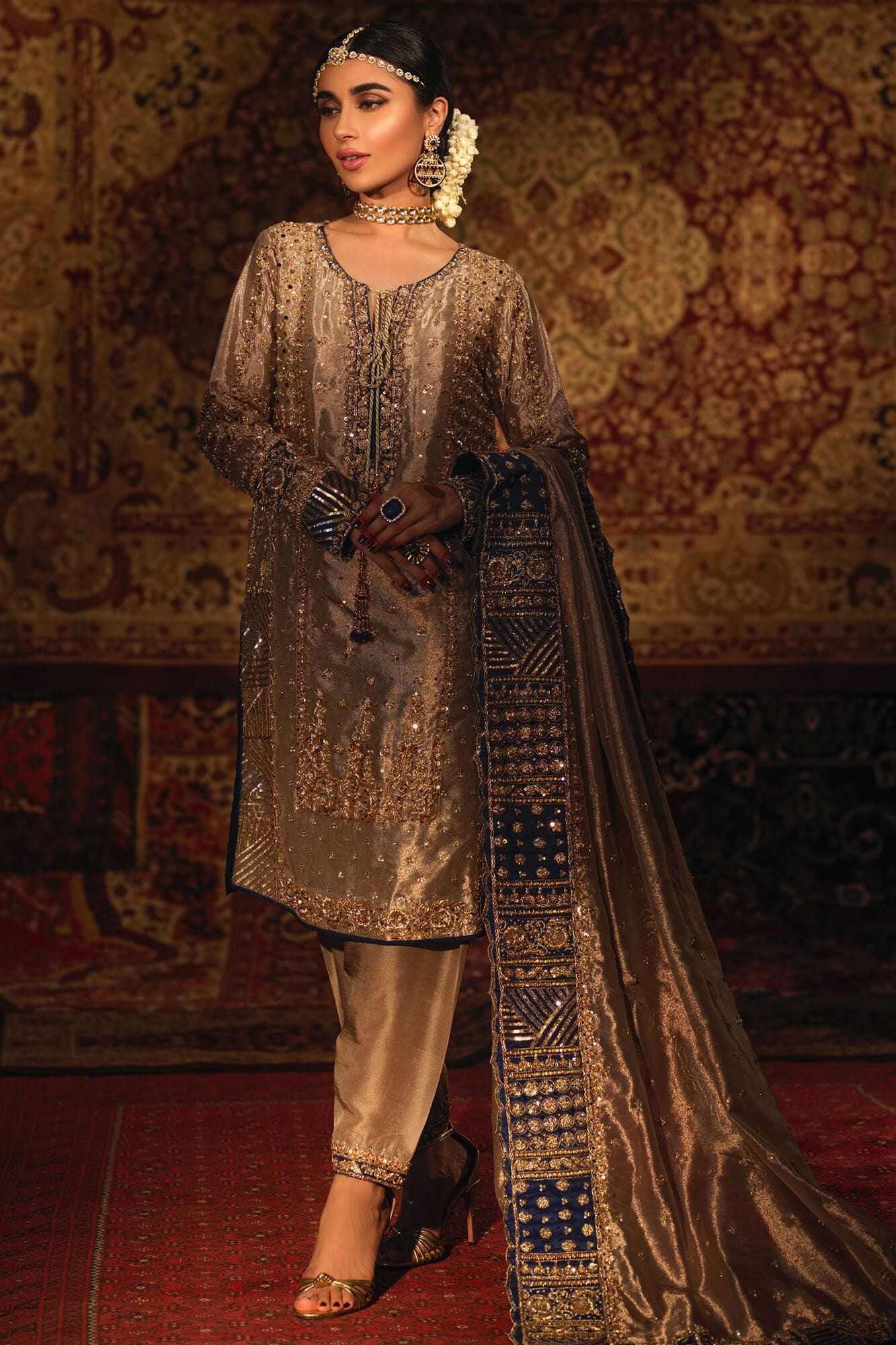 Gold Zardozi Tissue Silk Salwar Kameez (3-Piece) - Image 4