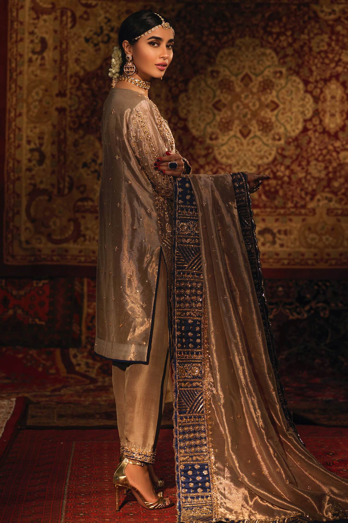 Gold Zardozi Tissue Silk Salwar Kameez (3-Piece) - Image 6