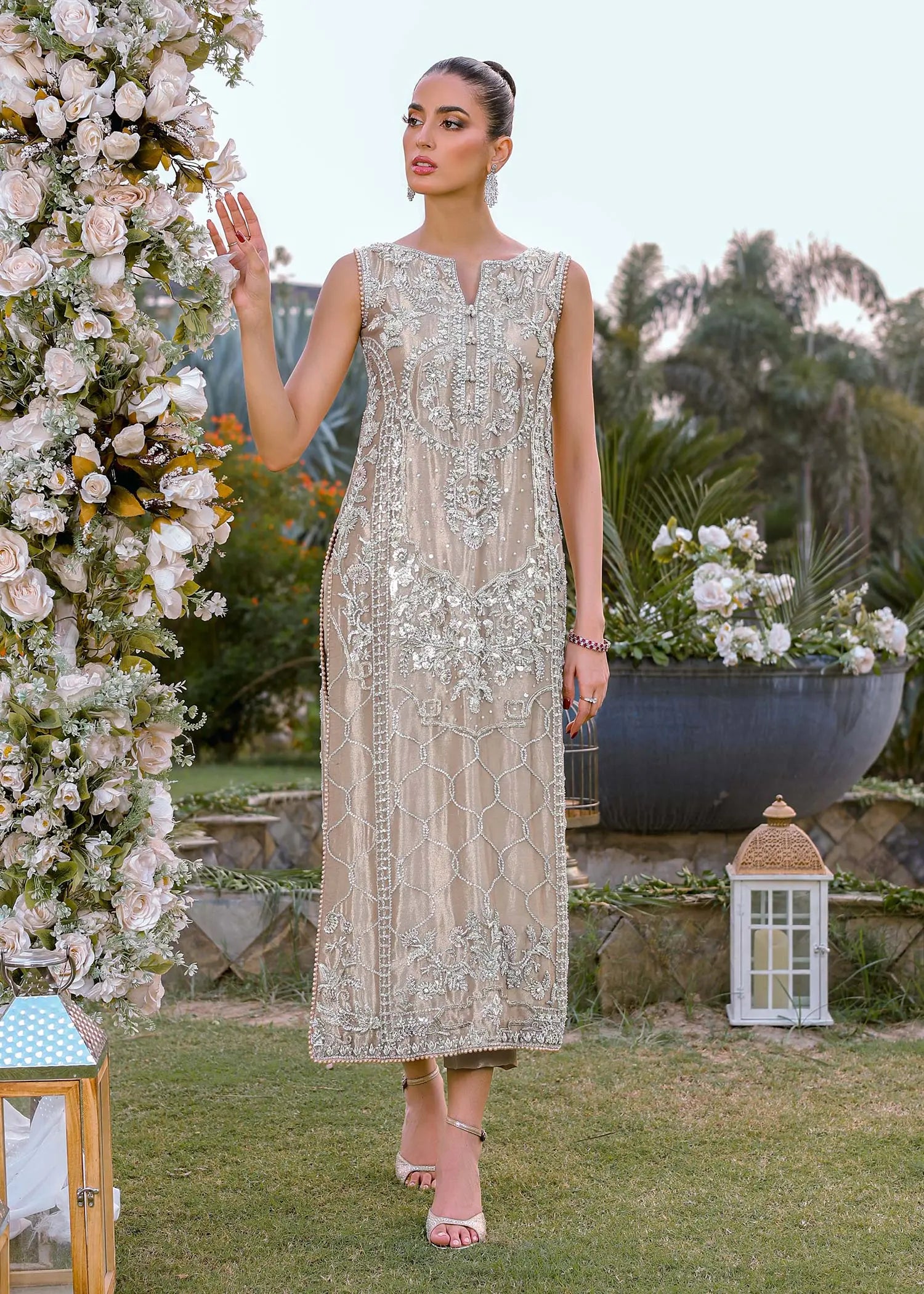 Pakistani Rose Gold Embellished Tissue Salwar Kameez (2-Piece) - Image 1