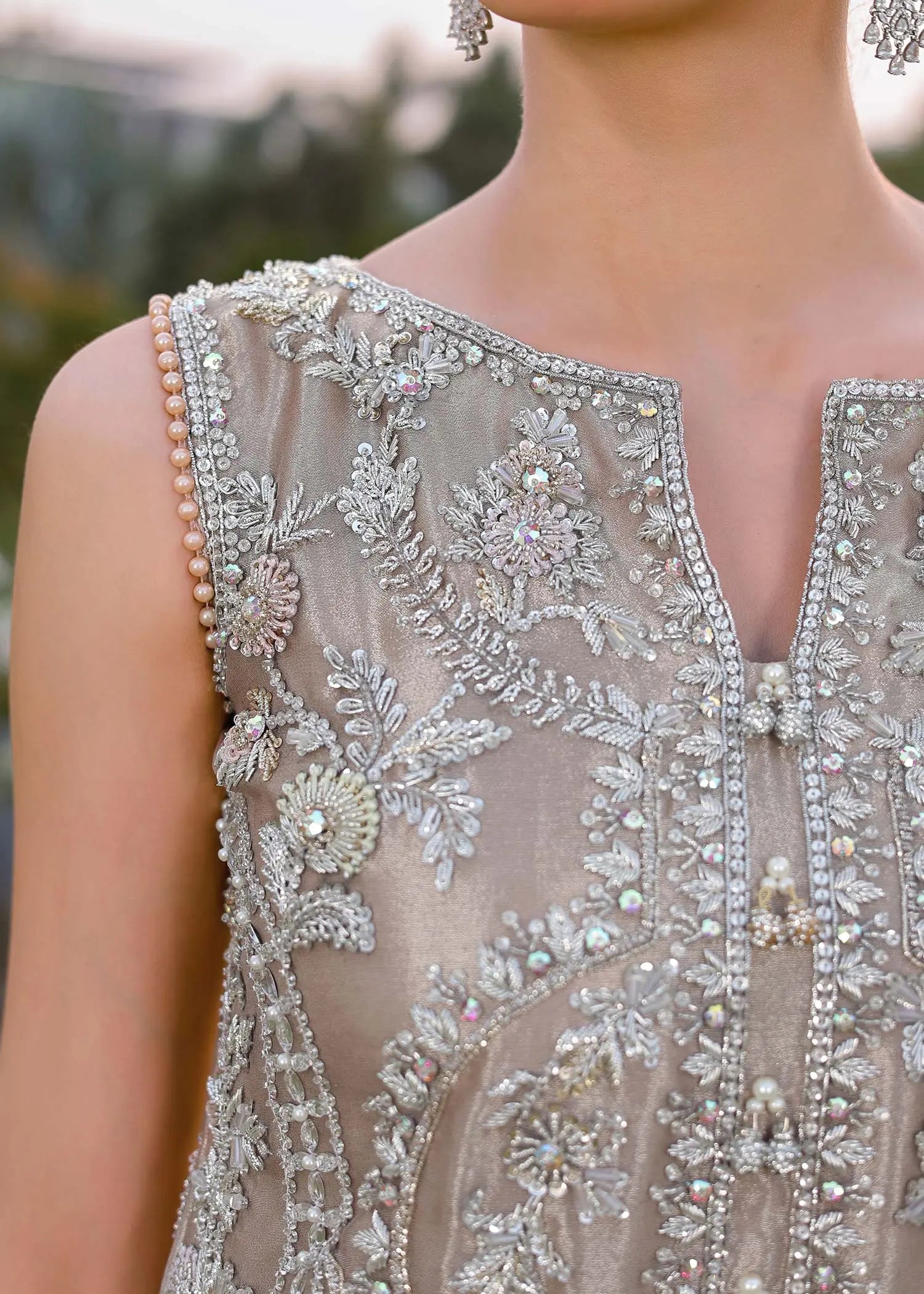 Pakistani Rose Gold Embellished Tissue Salwar Kameez (2-Piece) - Image 3