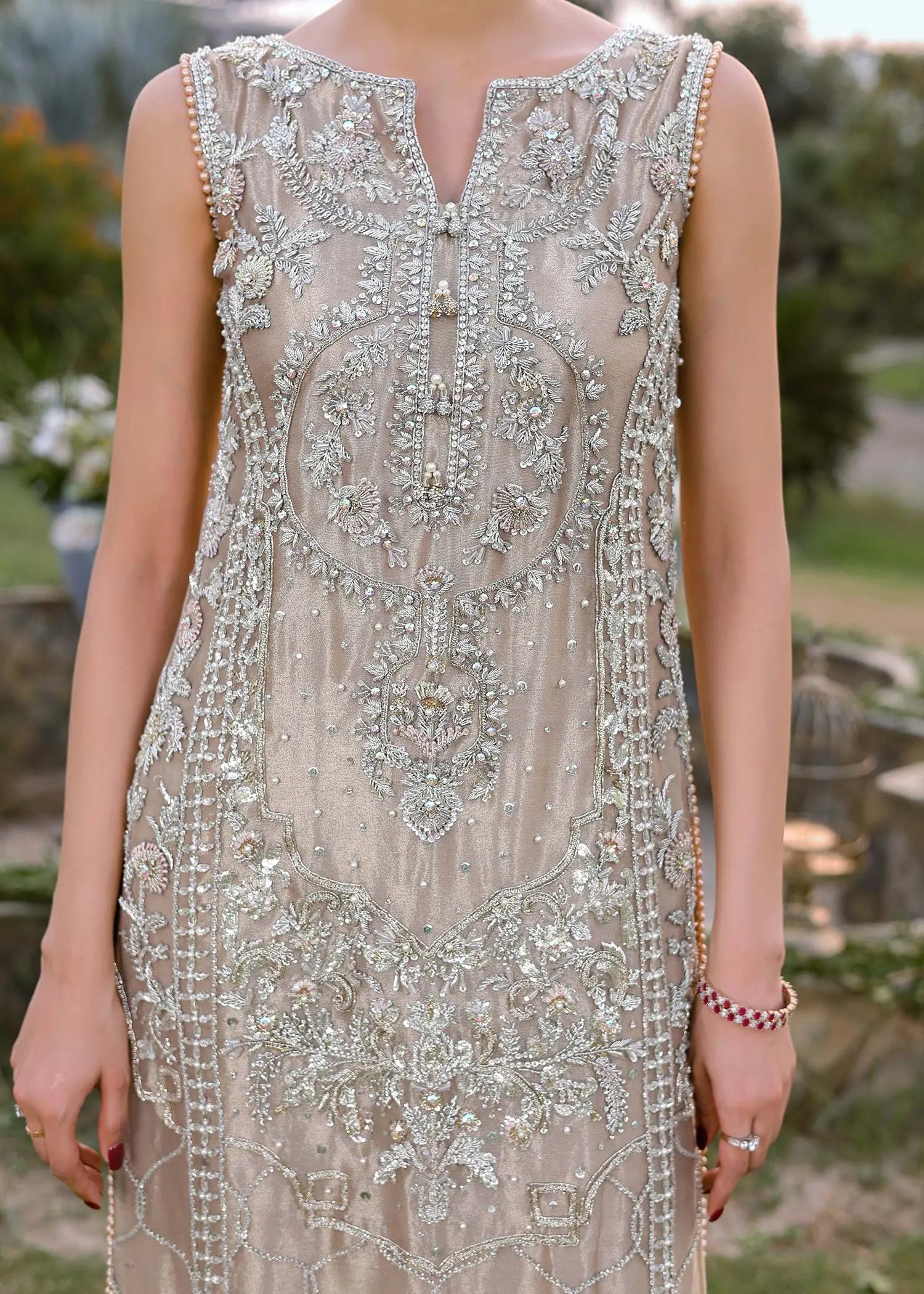 Pakistani Rose Gold Embellished Tissue Salwar Kameez (2-Piece) - Image 5