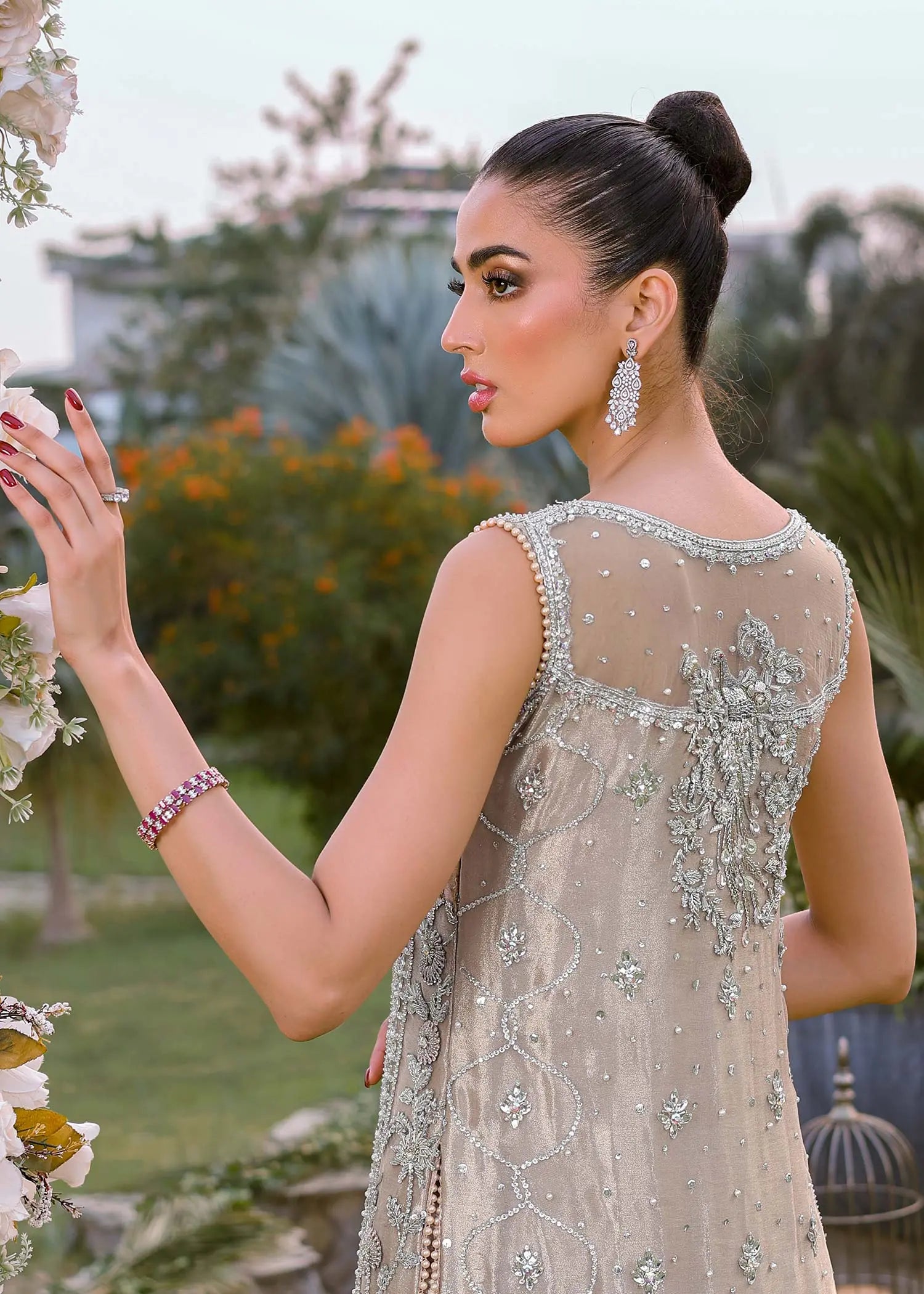 Pakistani Rose Gold Embellished Tissue Salwar Kameez (2-Piece) - Image 7