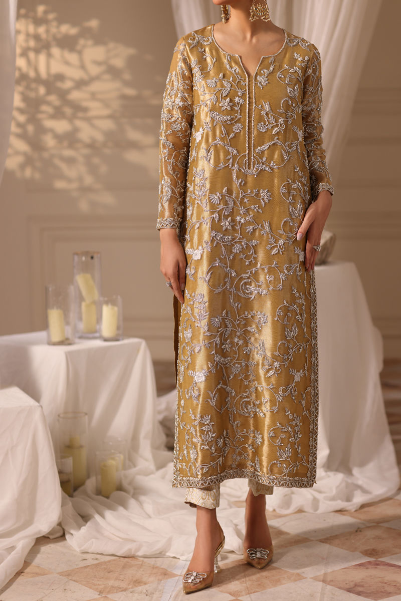 Pakistani Gold Embellished Tissue Salwar Kameez (2-Piece) - Image 1