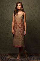 Pakistani Gold Swarovski Zardozi Tissue Salwar Kameez (3-Piece) - Image 2