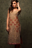 Pakistani Gold Swarovski Zardozi Tissue Salwar Kameez (3-Piece) - Image 4