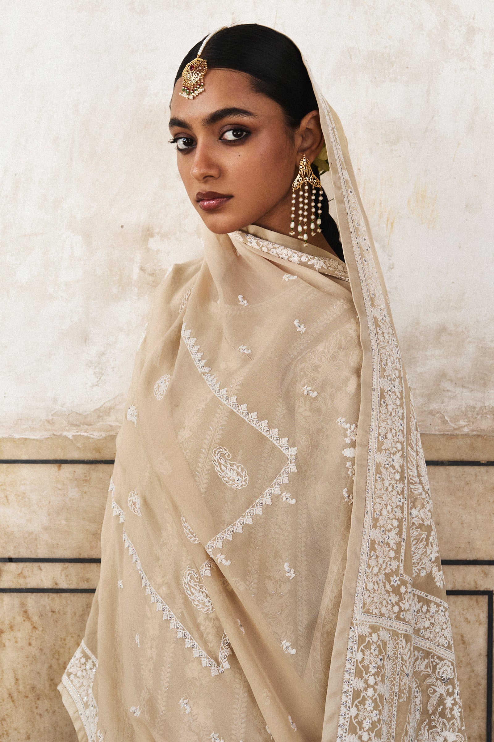 Golden Tilla Embroidered Tissue Salwar Kameez (3-Piece) - Image 2