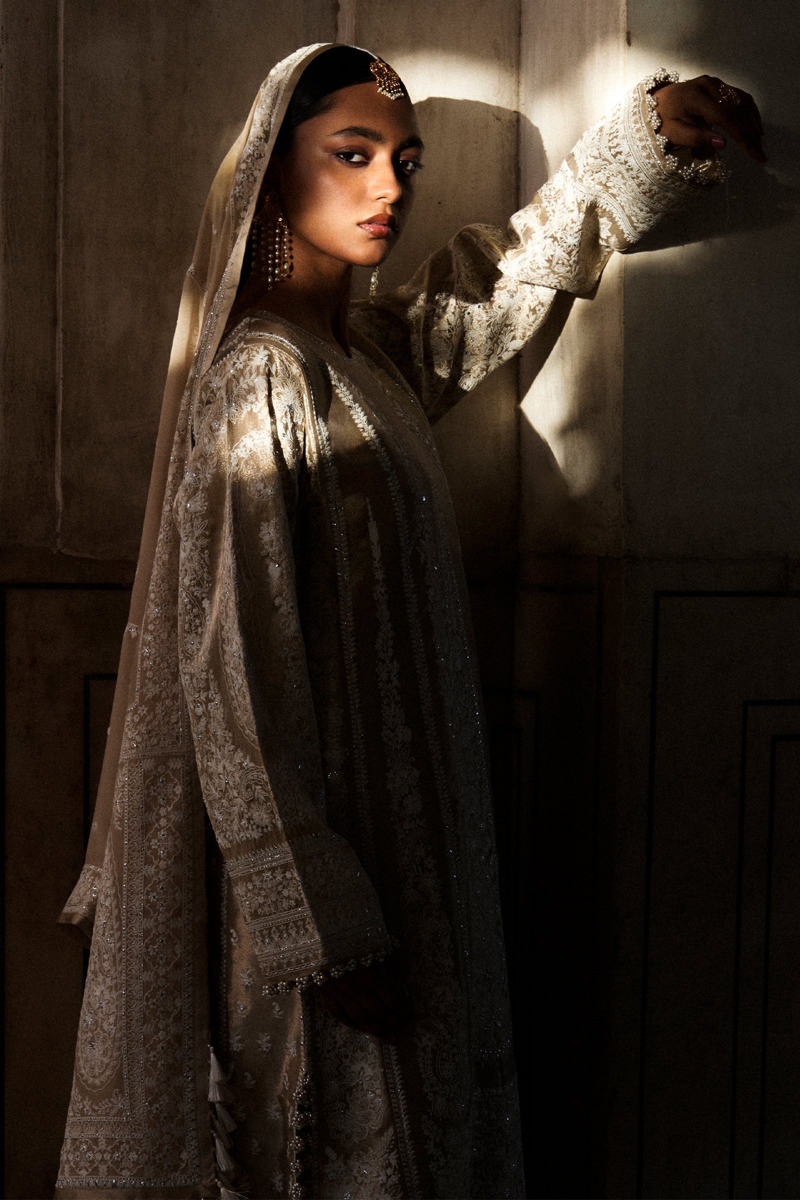 Golden Tilla Embroidered Tissue Salwar Kameez (3-Piece) - Image 3