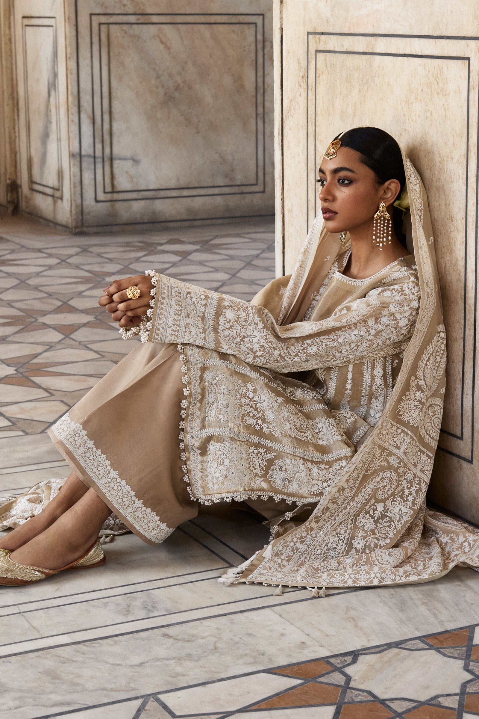 Golden Tilla Embroidered Tissue Salwar Kameez (3-Piece) - Image 4