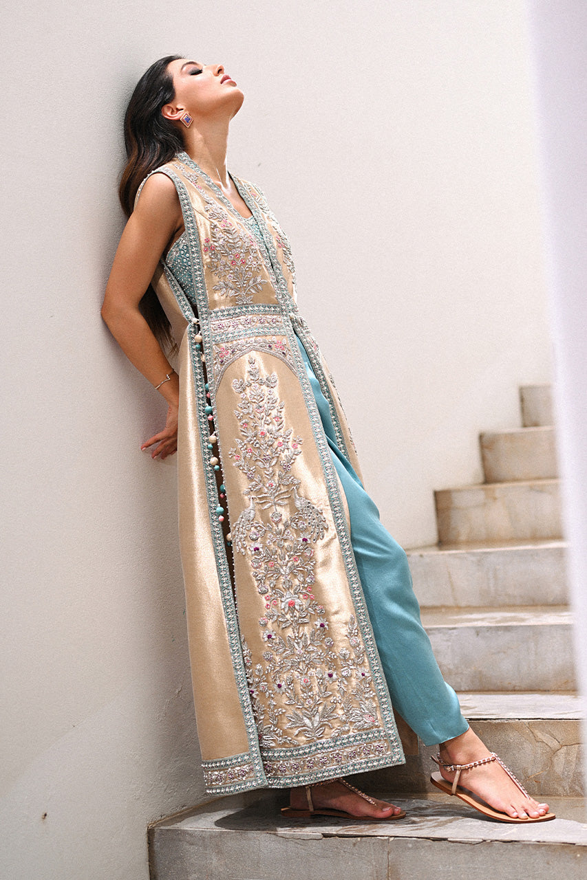 Champagne Gold Zardozi Tissue Jacket & Celadon Shalwar (2-Piece) - Image 10