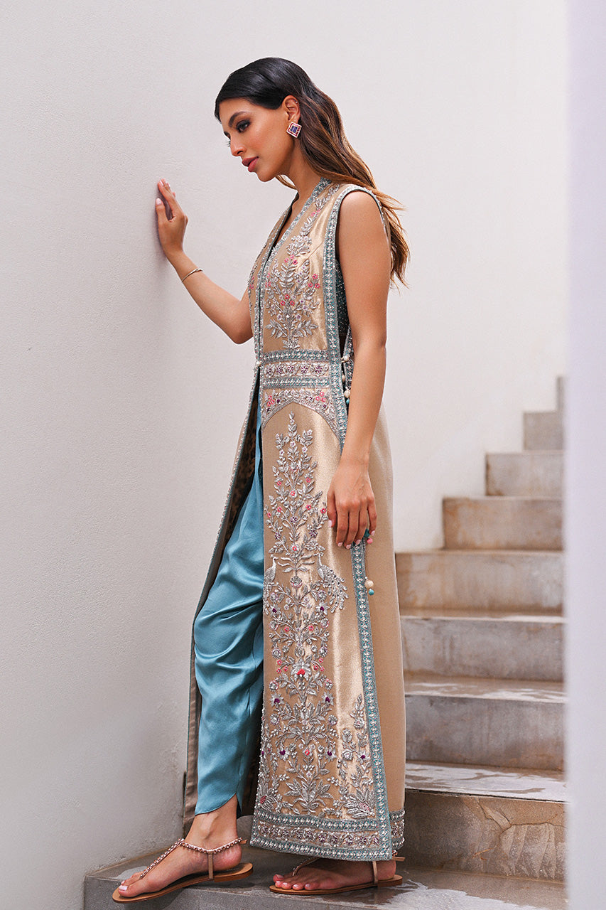 Champagne Gold Zardozi Tissue Jacket & Celadon Shalwar (2-Piece) - Image 12