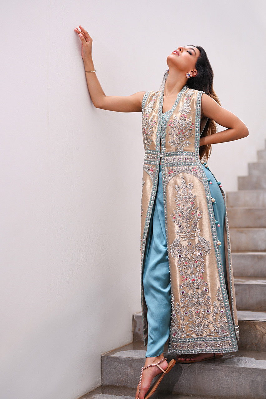 Champagne Gold Zardozi Tissue Jacket & Celadon Shalwar (2-Piece) - Image 13