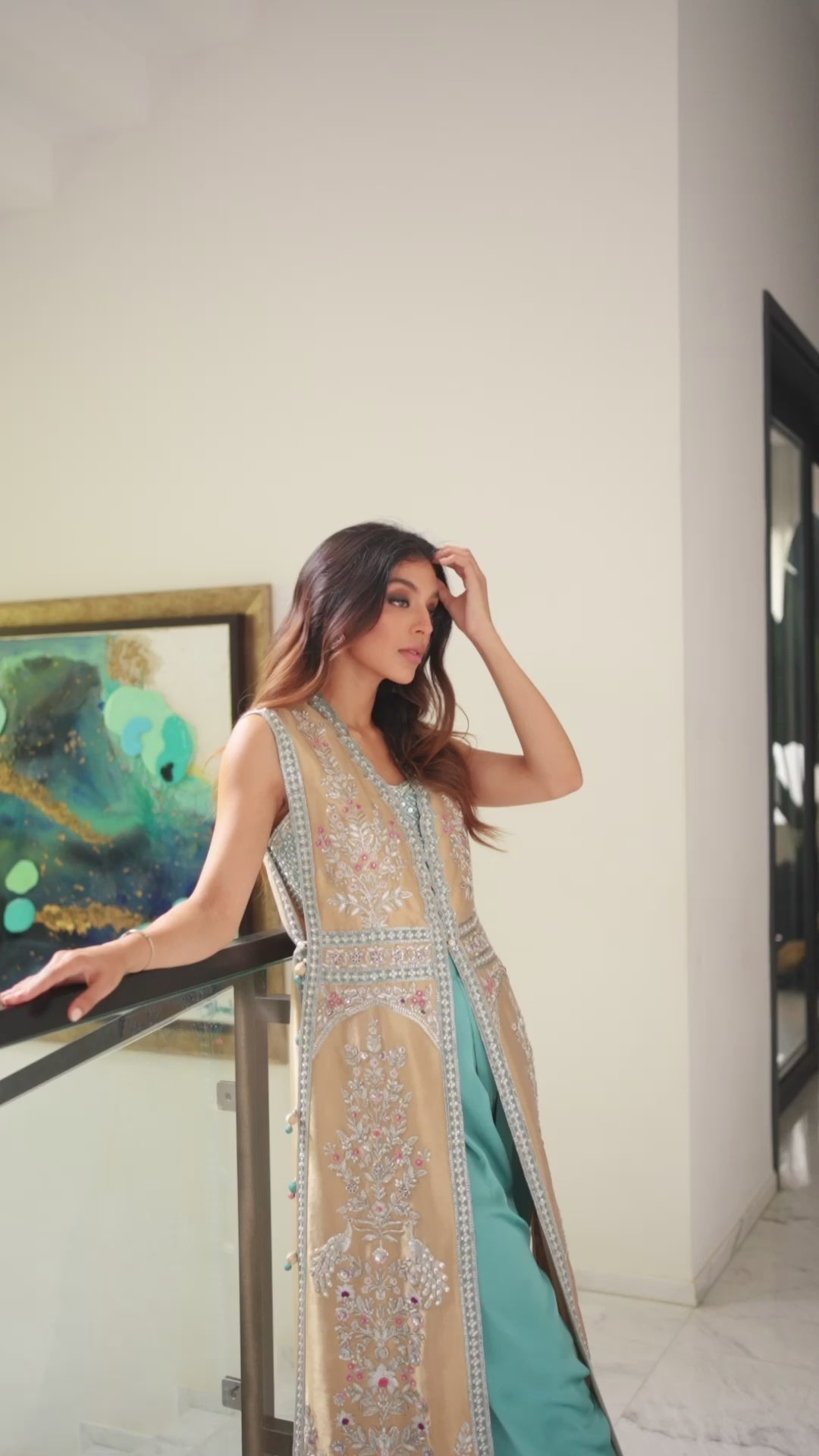 Champagne Gold Zardozi Tissue Jacket & Celadon Shalwar (2-Piece) - Image 14