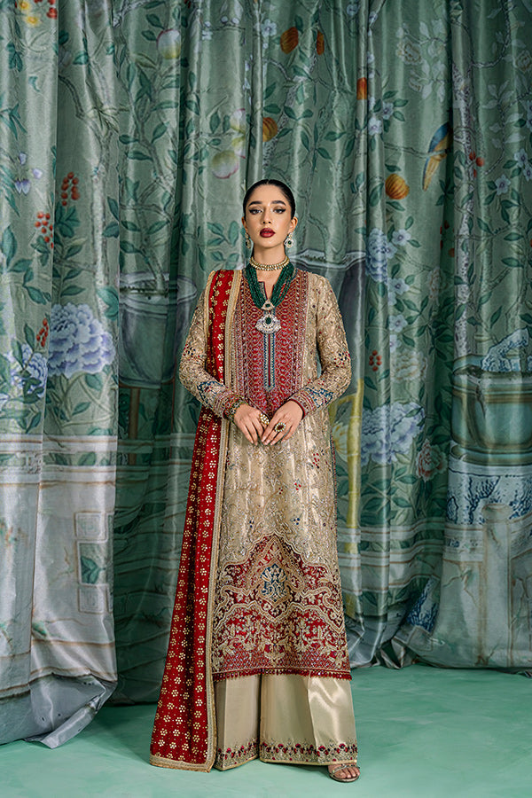 Pakistani Gold Embroidered Tissue Salwar Kameez (3-Piece) - Image 1