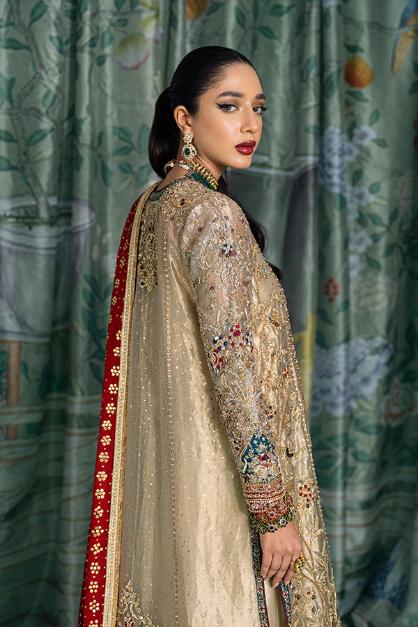 Pakistani Gold Embroidered Tissue Salwar Kameez (3-Piece) - Image 2