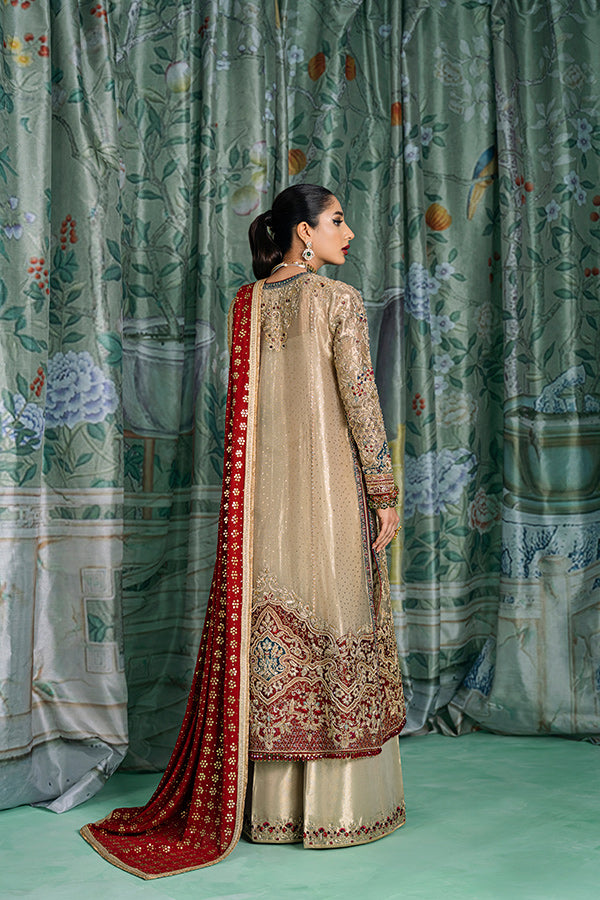 Pakistani Gold Embroidered Tissue Salwar Kameez (3-Piece) - Image 4