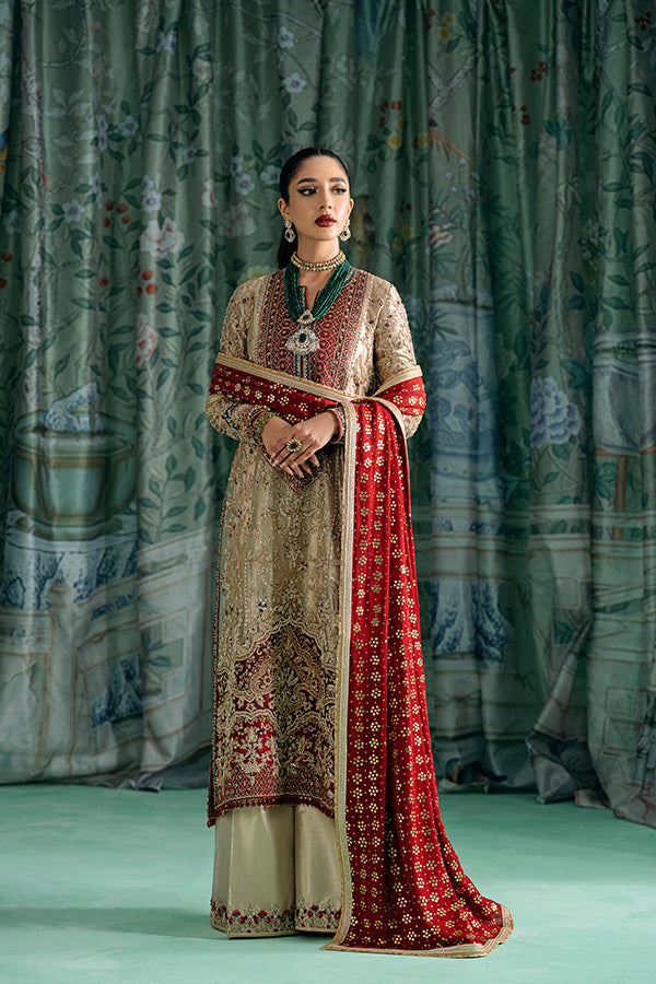 Pakistani Gold Embroidered Tissue Salwar Kameez (3-Piece) - Image 5