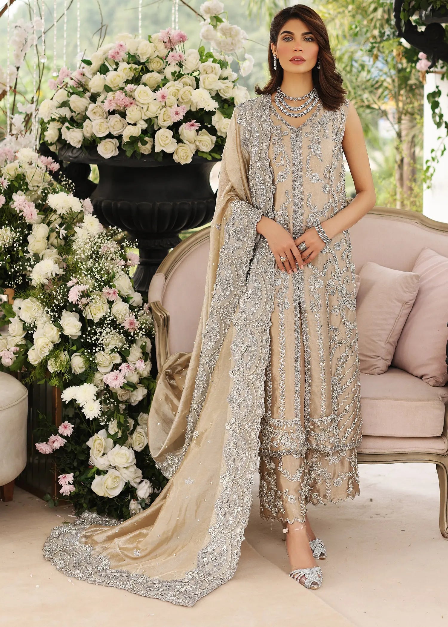 Champagne Embellished Tissue Salwar Kameez (3-Piece) - Image 1