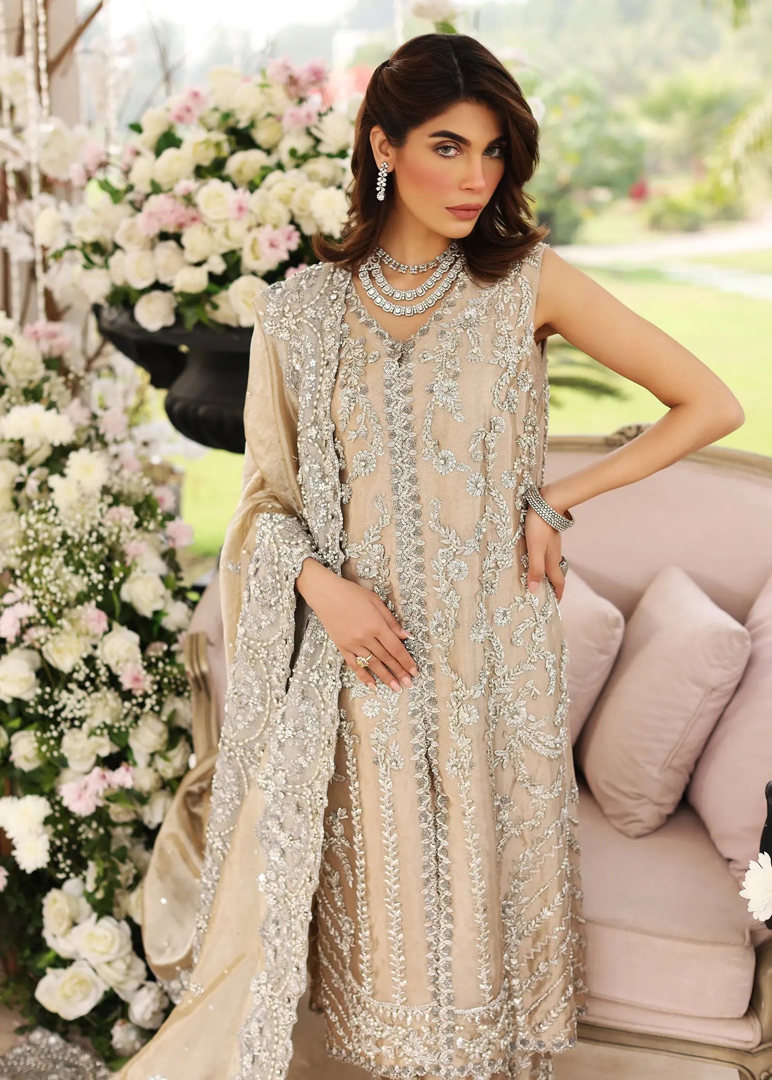 Champagne Embellished Tissue Salwar Kameez (3-Piece) - Image 3