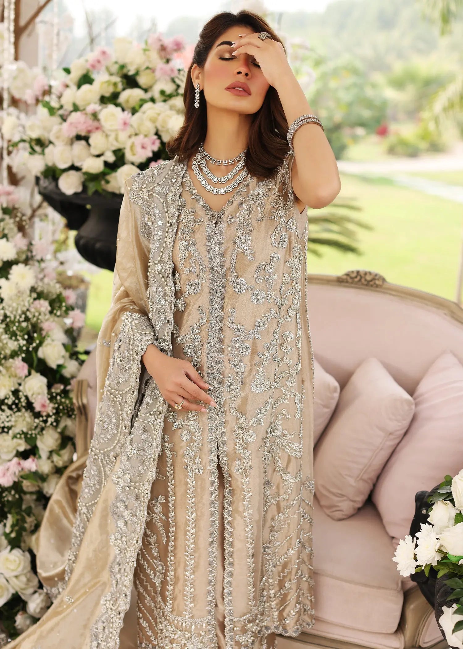 Champagne Embellished Tissue Salwar Kameez (3-Piece) - Image 4