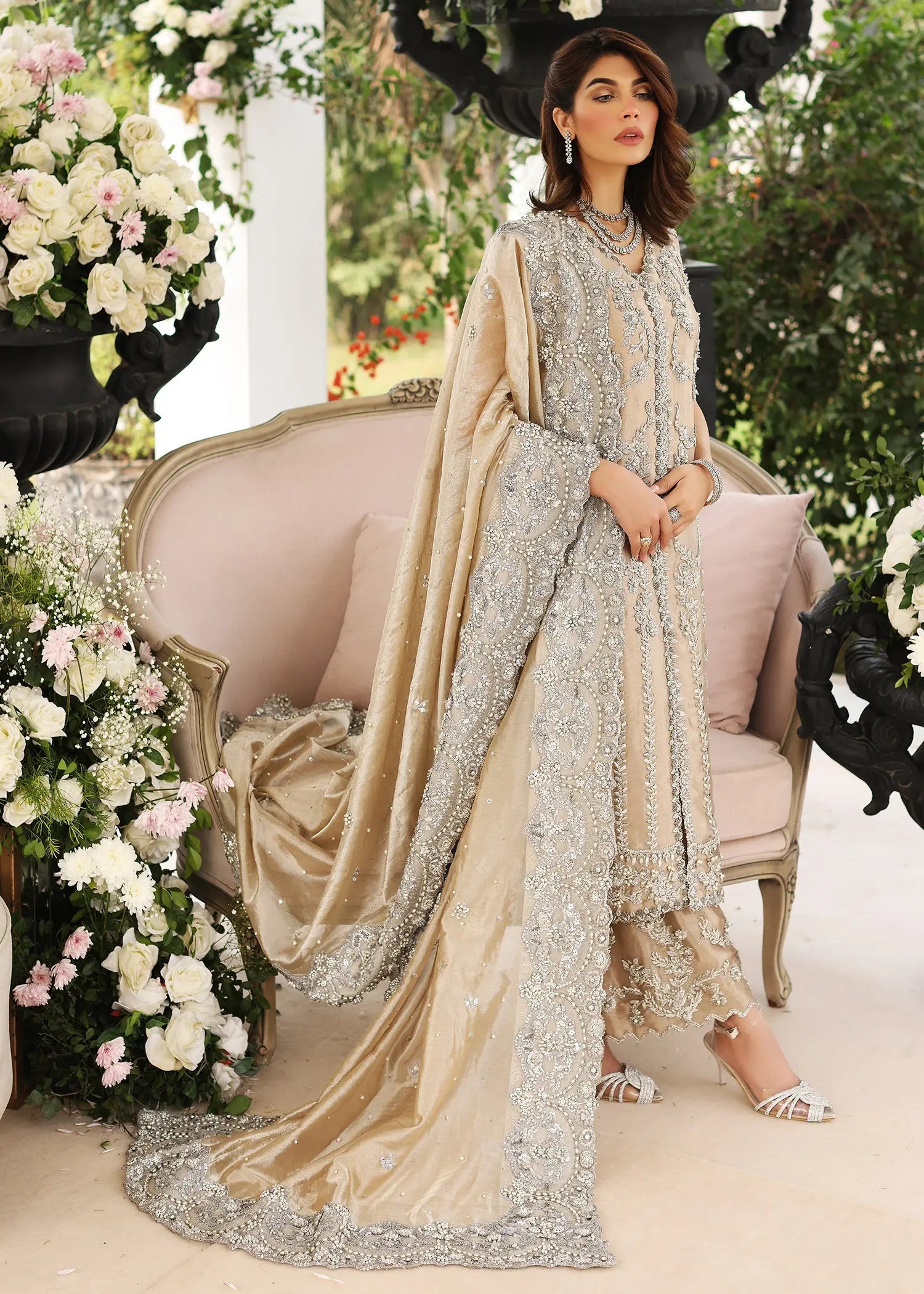 Champagne Embellished Tissue Salwar Kameez (3-Piece) - Image 5