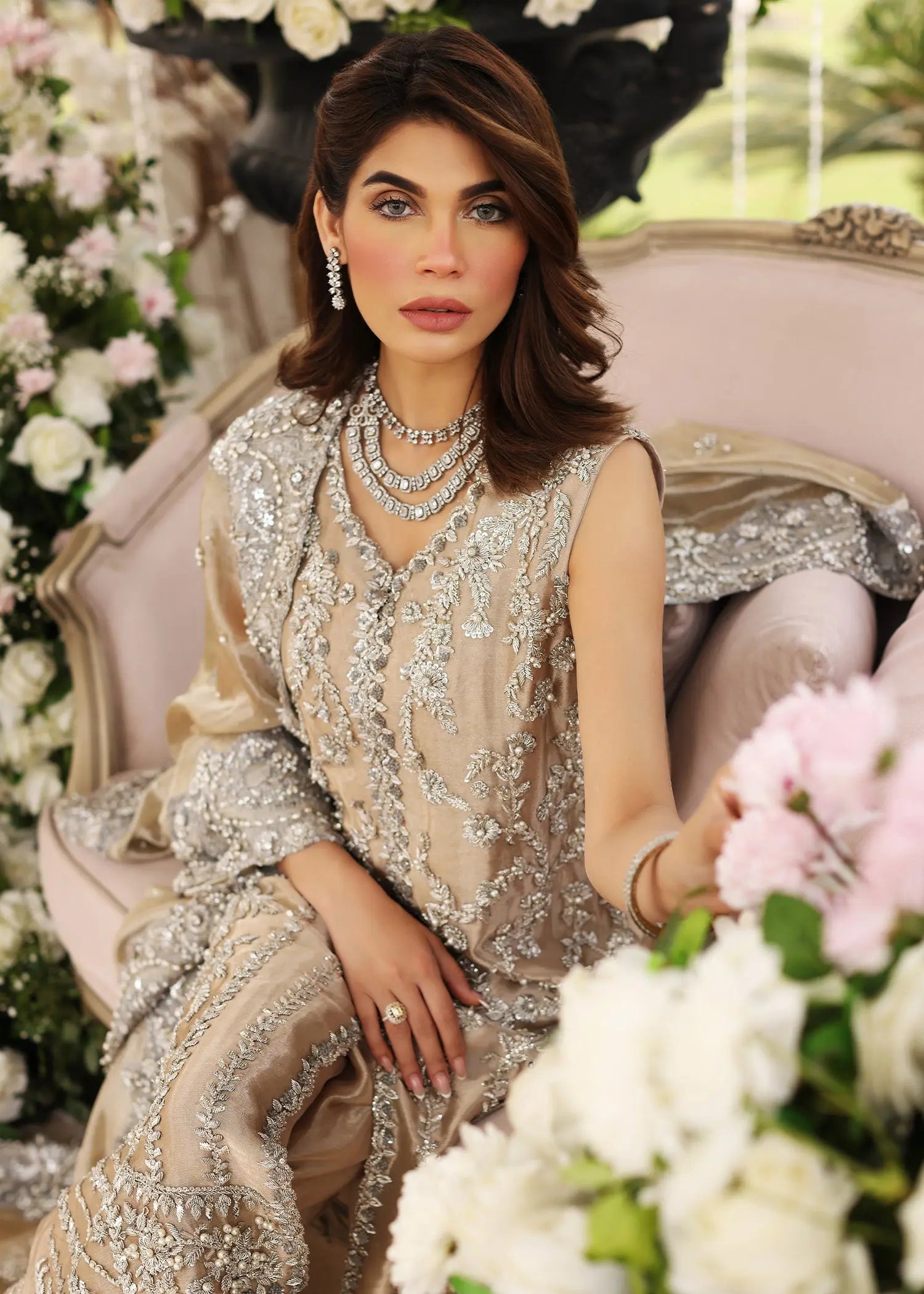 Champagne Embellished Tissue Salwar Kameez (3-Piece) - Image 6