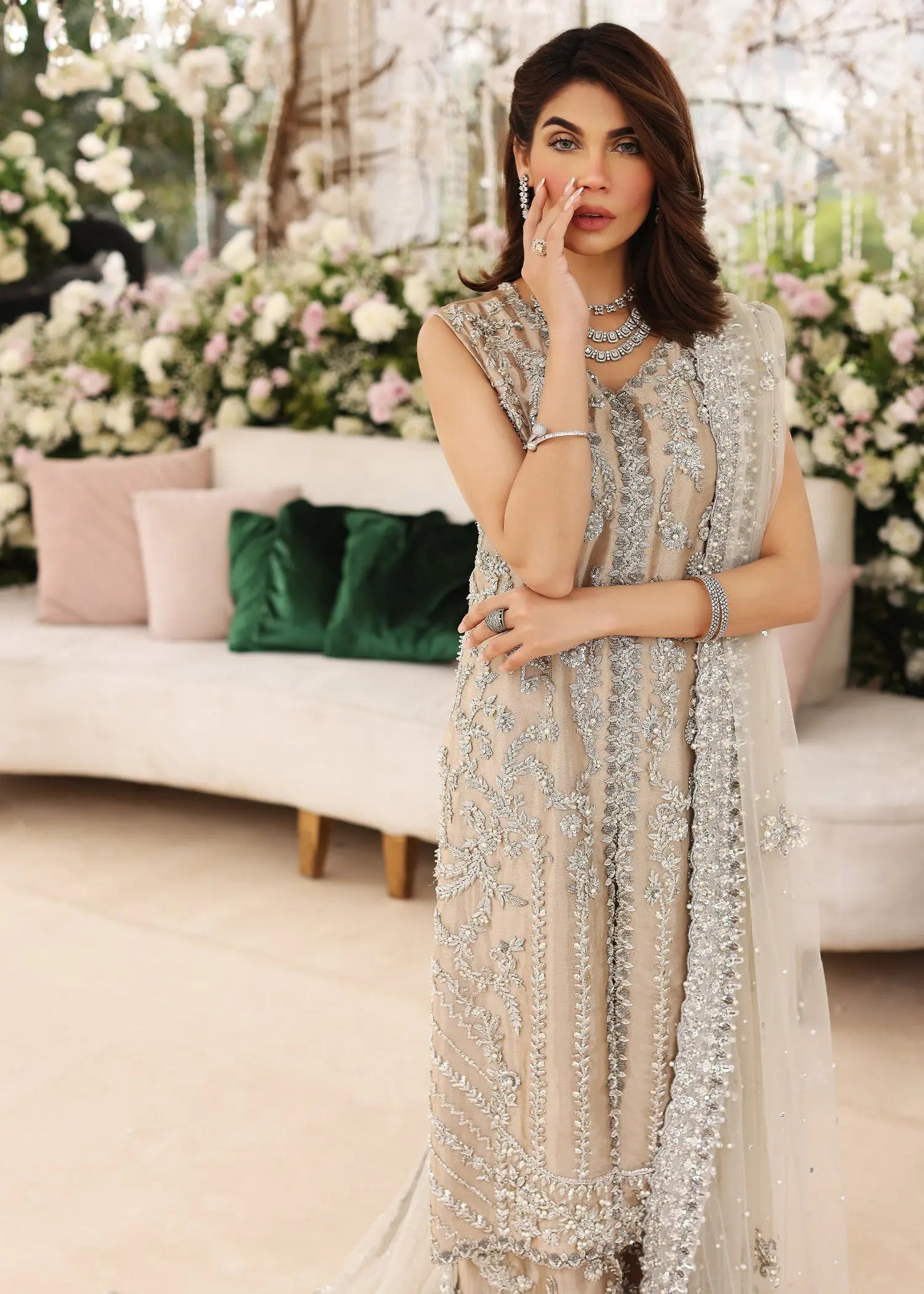 Champagne Embellished Tissue Salwar Kameez (3-Piece) - Image 7