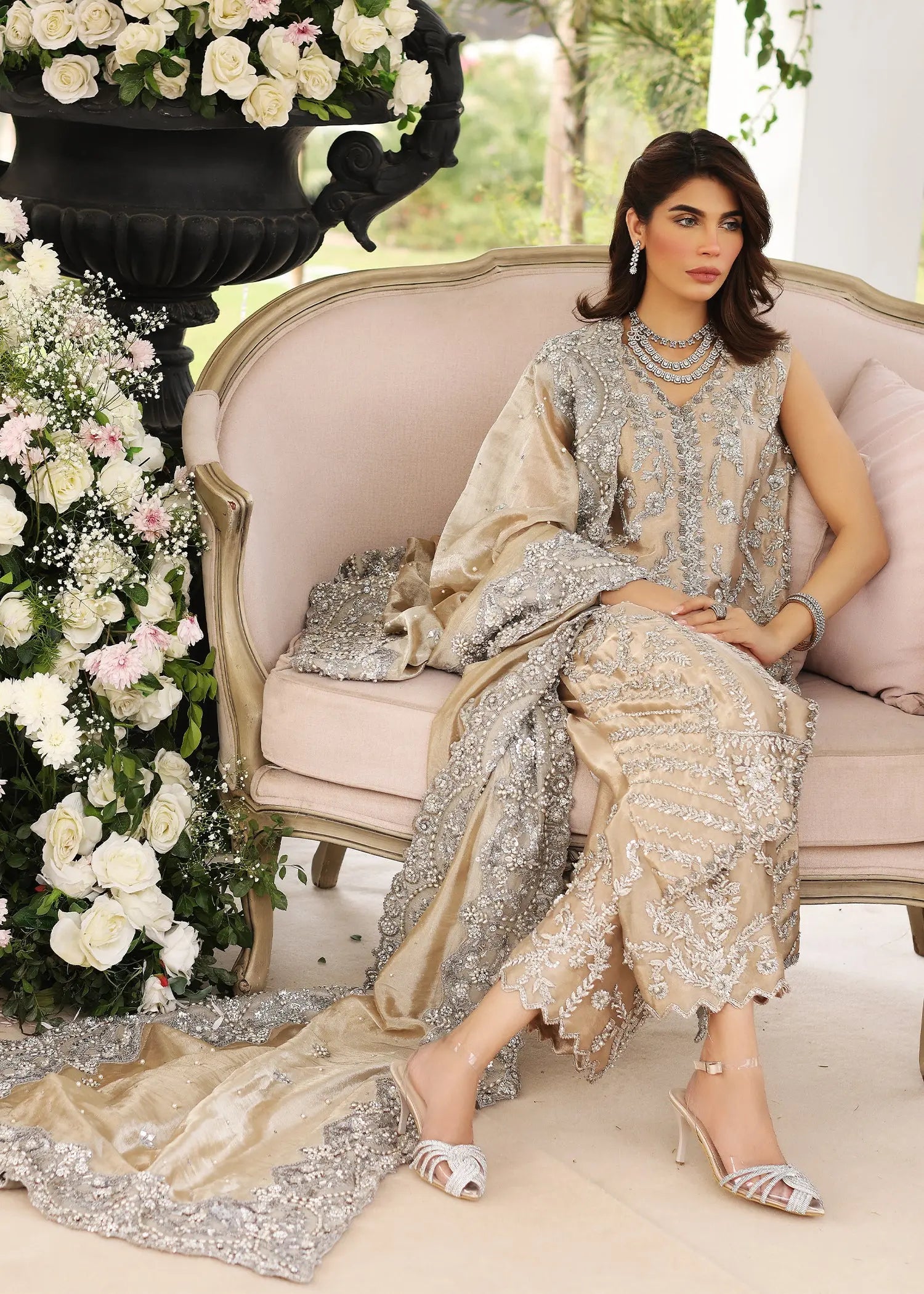 Champagne Embellished Tissue Salwar Kameez (3-Piece) - Image 8