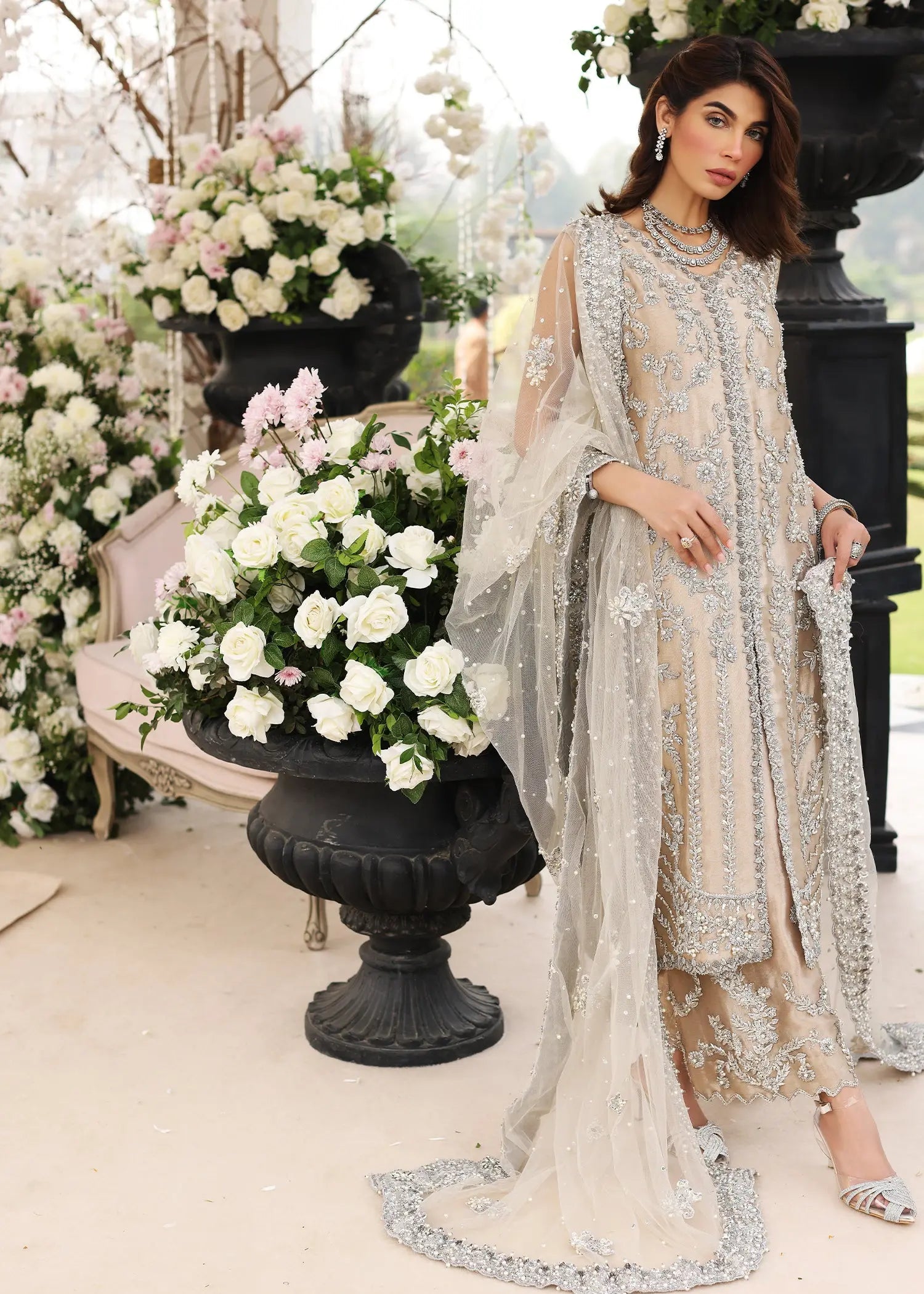 Champagne Embellished Tissue Salwar Kameez (3-Piece) - Image 9