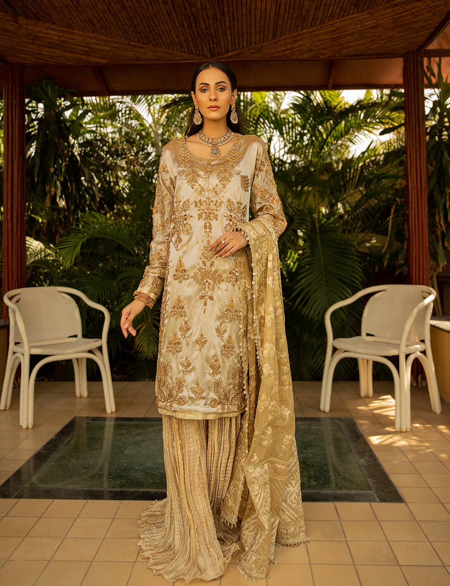 Gold & Silver Embroidered Tissue Salwar Kameez (3-Piece) - Image 1