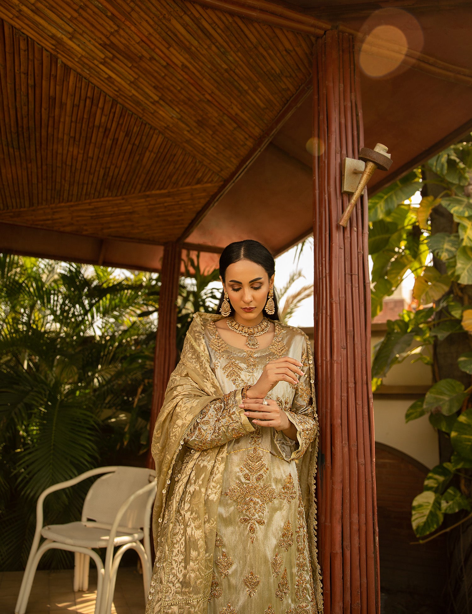 Gold & Silver Embroidered Tissue Salwar Kameez (3-Piece) - Image 2