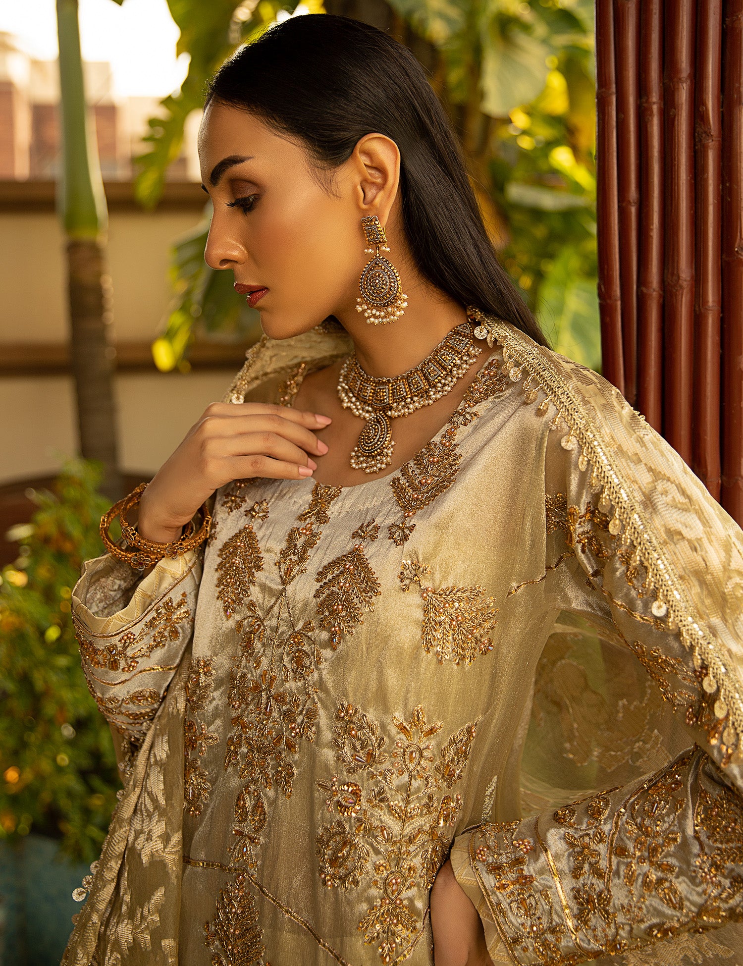 Gold & Silver Embroidered Tissue Salwar Kameez (3-Piece) - Image 4