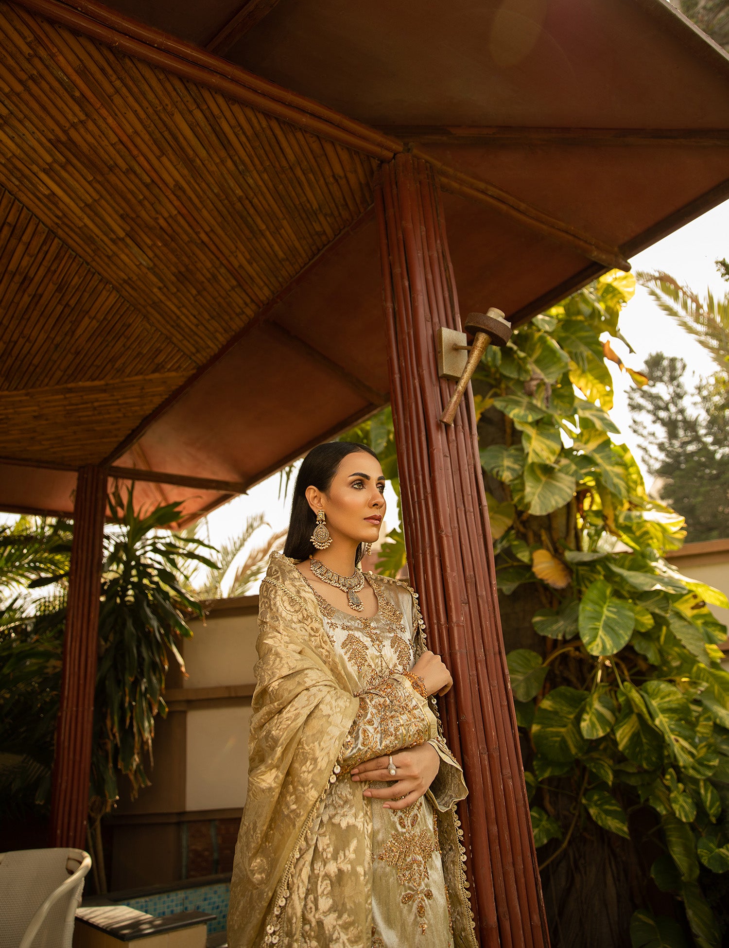 Gold & Silver Embroidered Tissue Salwar Kameez (3-Piece) - Image 6