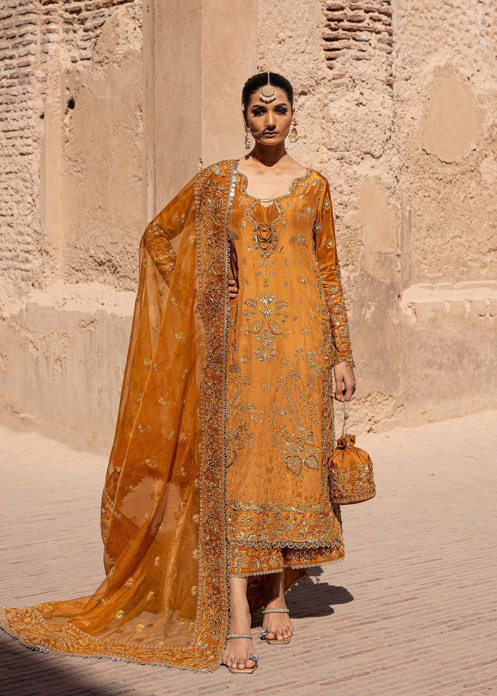 Pakistani Amber-Gold Hand-Embellished Tussel Silk Salwar Kameez (3-Piece) - Image 1