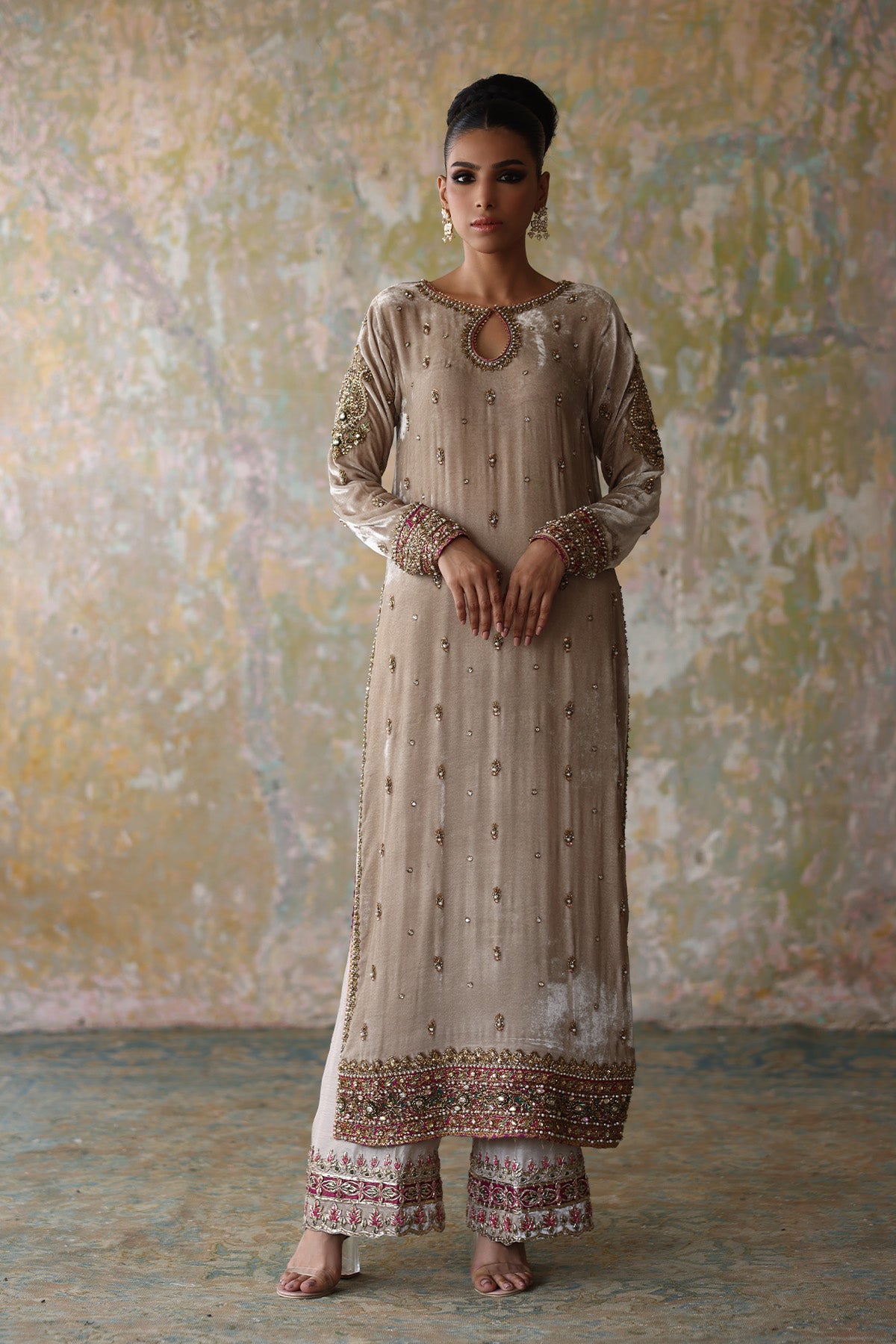 Golden Embellished Velvet Salwar Kameez (2-Piece) - Image 1