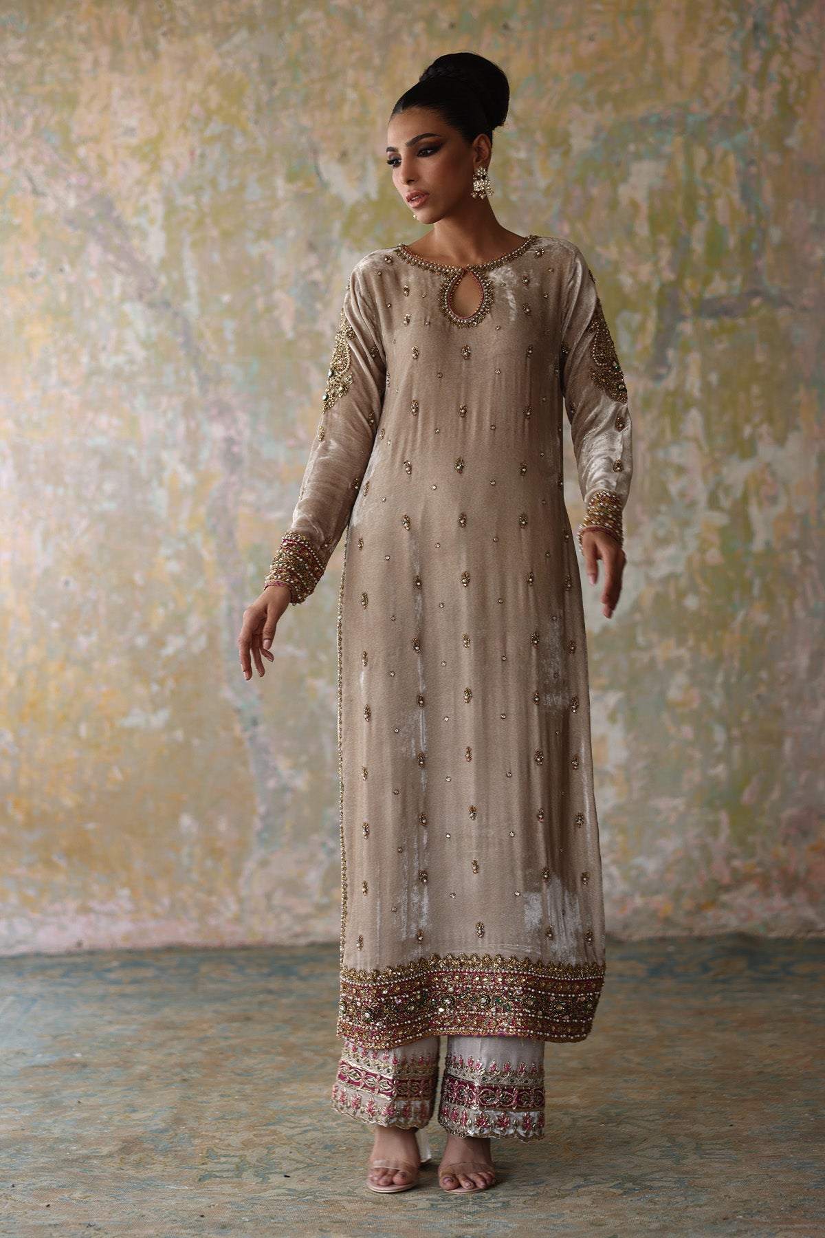 Golden Embellished Velvet Salwar Kameez (2-Piece) - Image 2