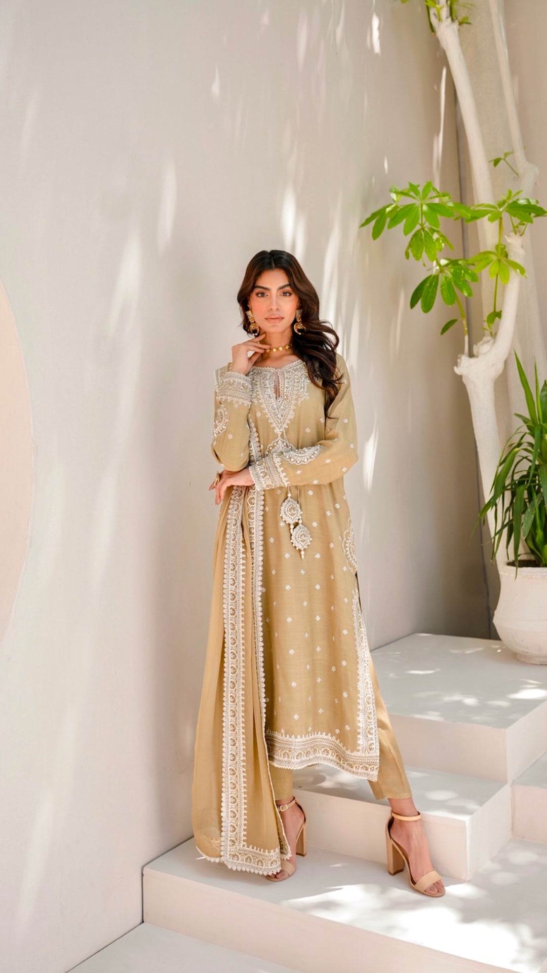 Golden Beige Embroidered Viscose Silk Salwar Kameez (3-Piece) - Image 1