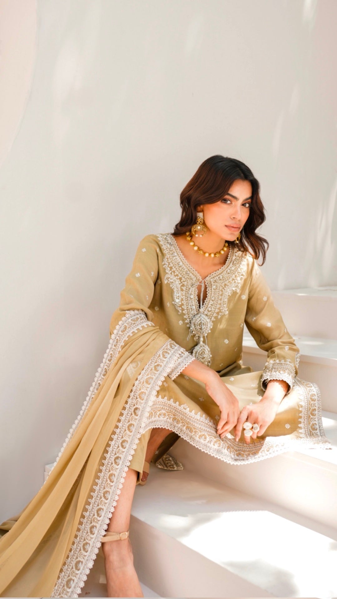 Golden Beige Embroidered Viscose Silk Salwar Kameez (3-Piece) - Image 2