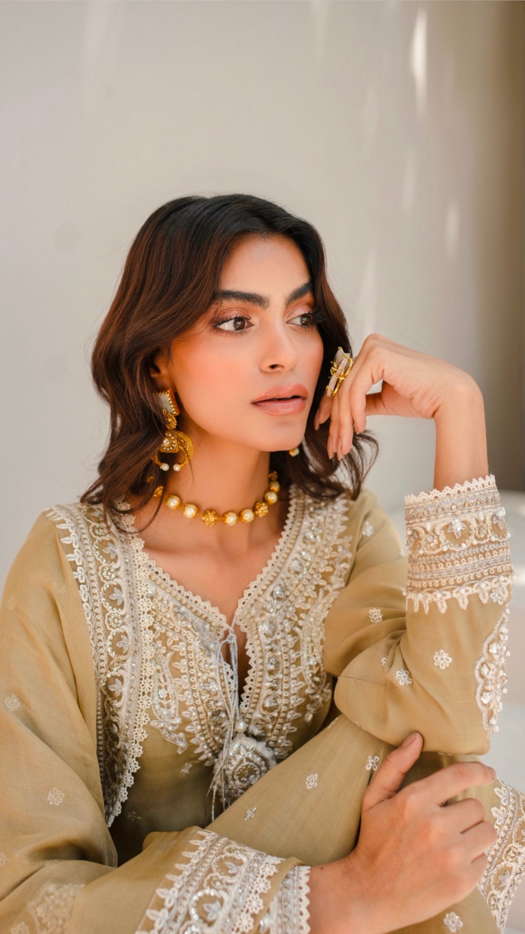 Golden Beige Embroidered Viscose Silk Salwar Kameez (3-Piece) - Image 3