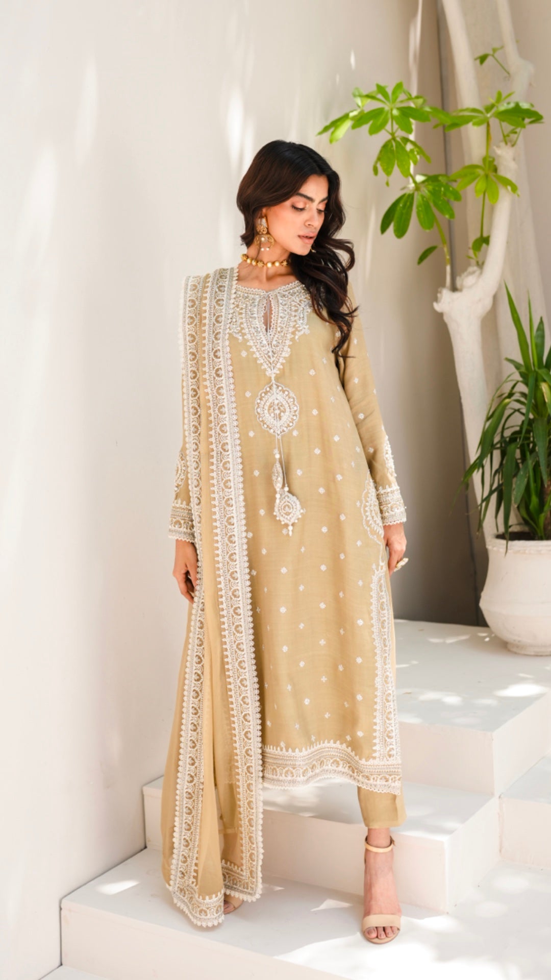 Golden Beige Embroidered Viscose Silk Salwar Kameez (3-Piece) - Image 4