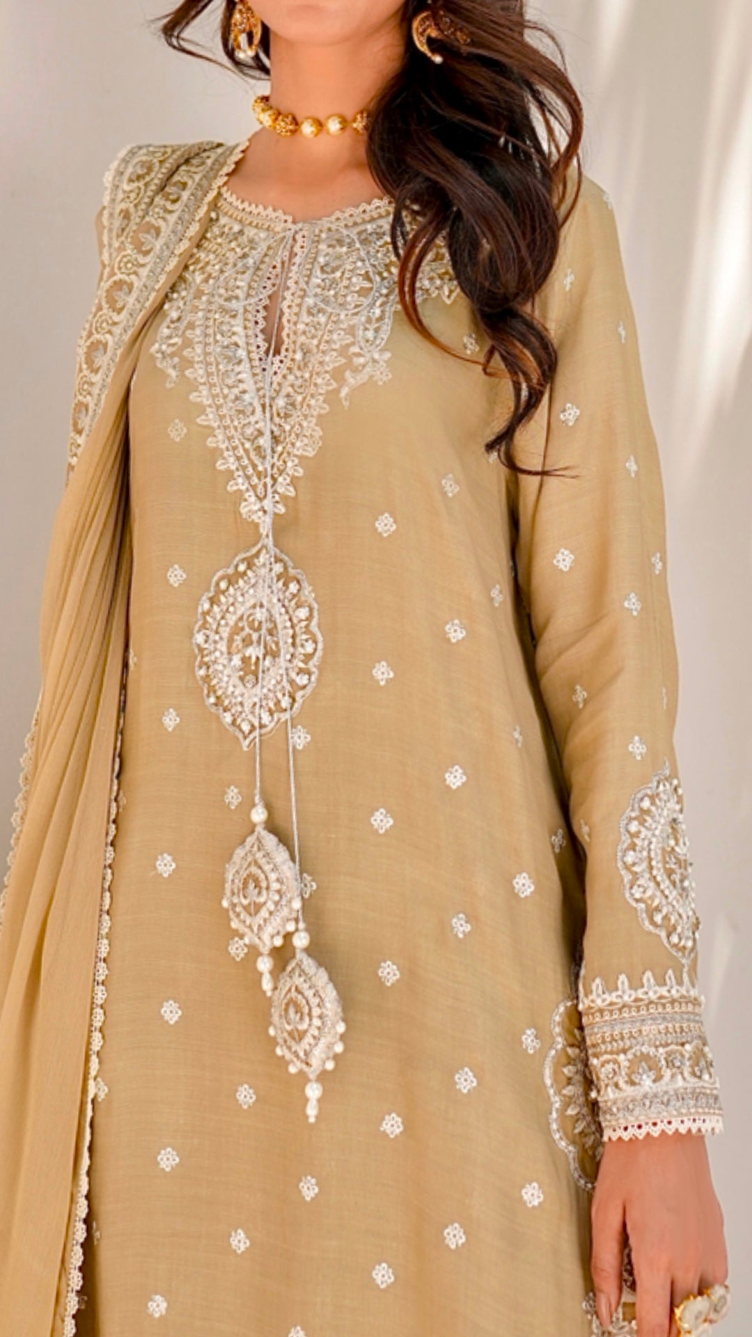 Golden Beige Embroidered Viscose Silk Salwar Kameez (3-Piece) - Image 5