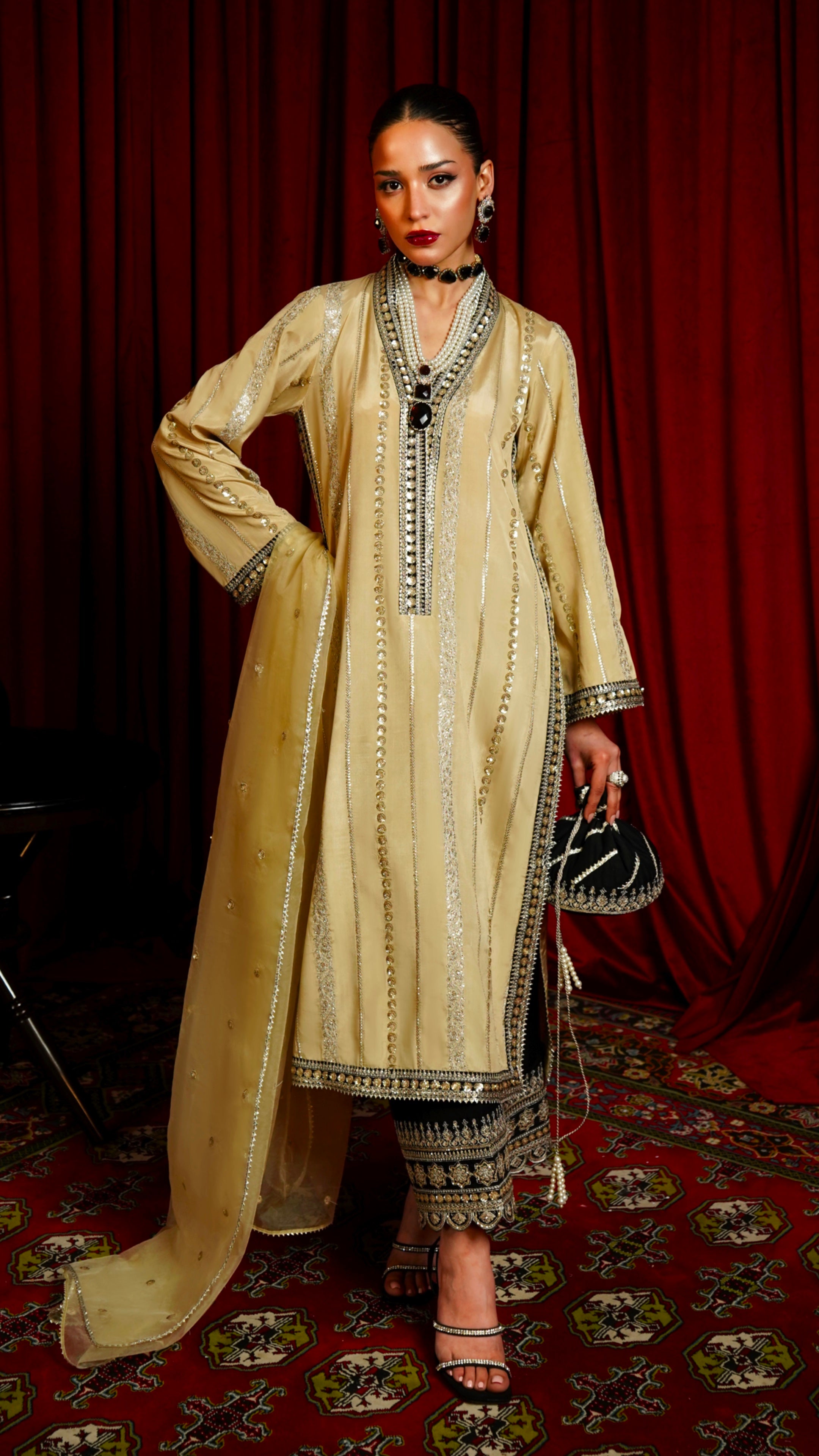 Pakistani Gold Embroidered Viscose Silk Salwar Kameez (3-Piece) - Image 1