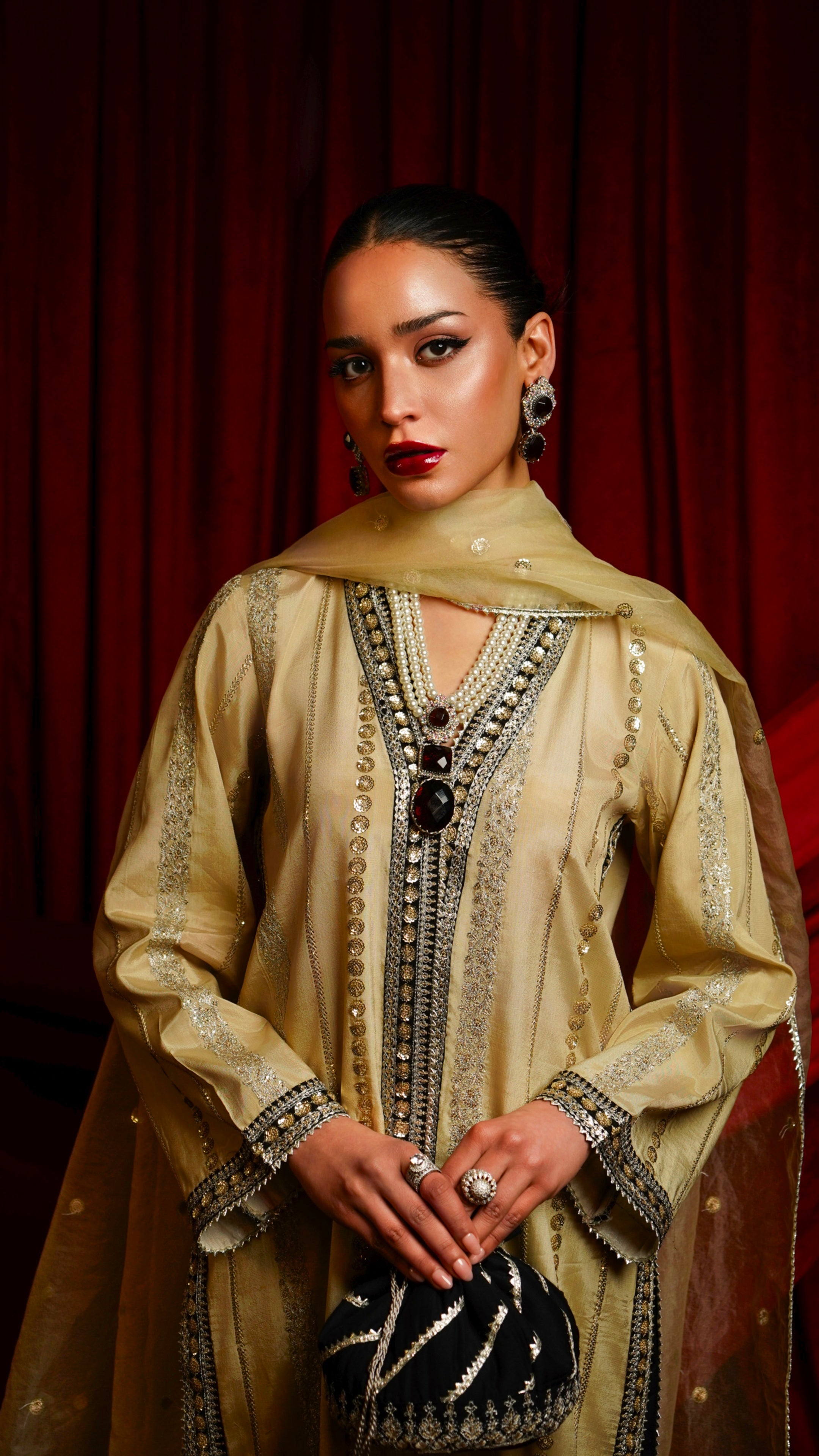 Pakistani Gold Embroidered Viscose Silk Salwar Kameez (3-Piece) - Image 2