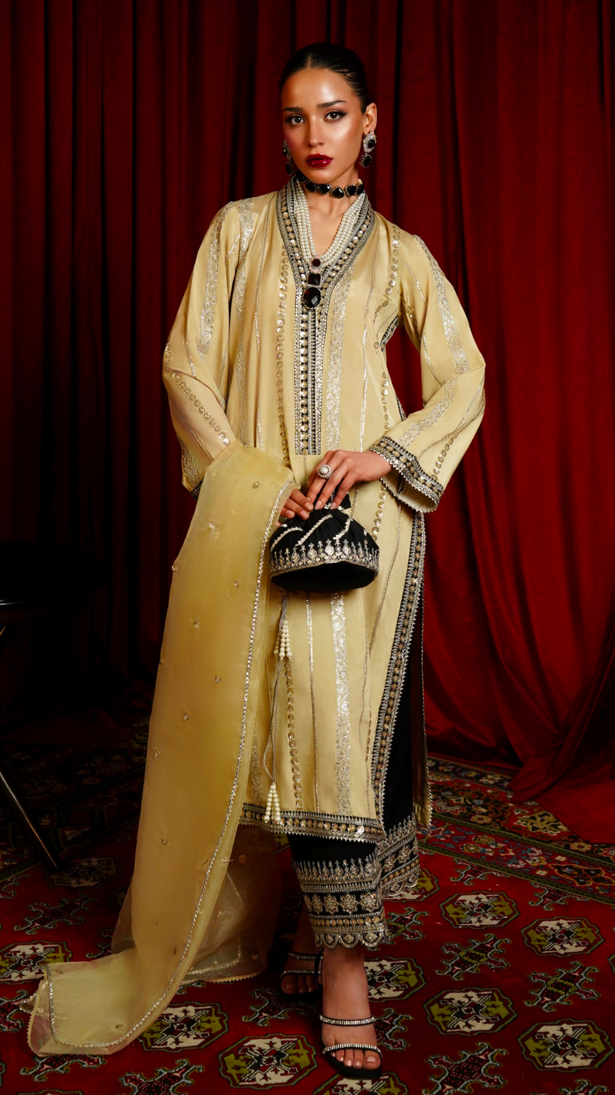 Pakistani Gold Embroidered Viscose Silk Salwar Kameez (3-Piece) - Image 3