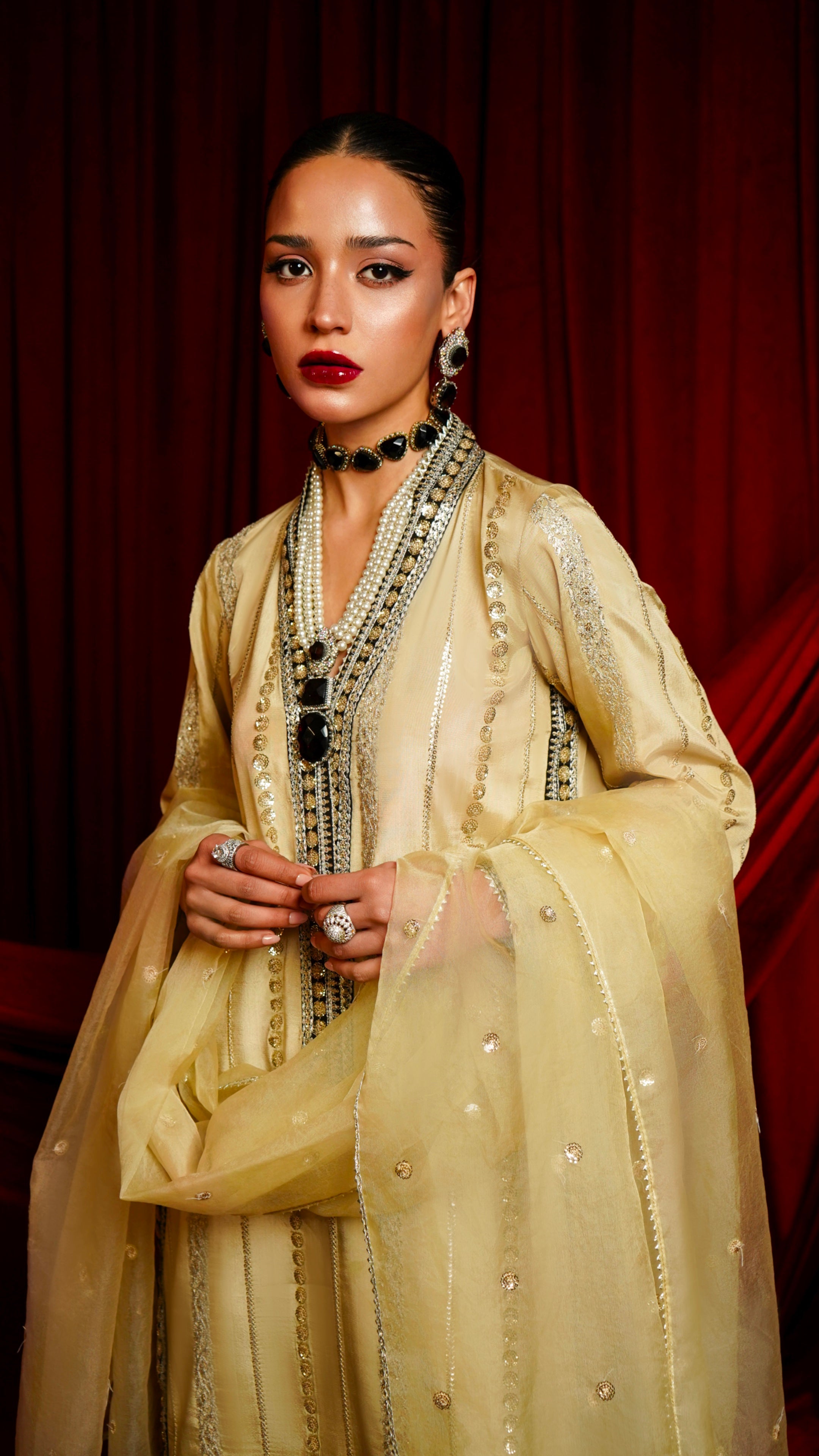 Pakistani Gold Embroidered Viscose Silk Salwar Kameez (3-Piece) - Image 4