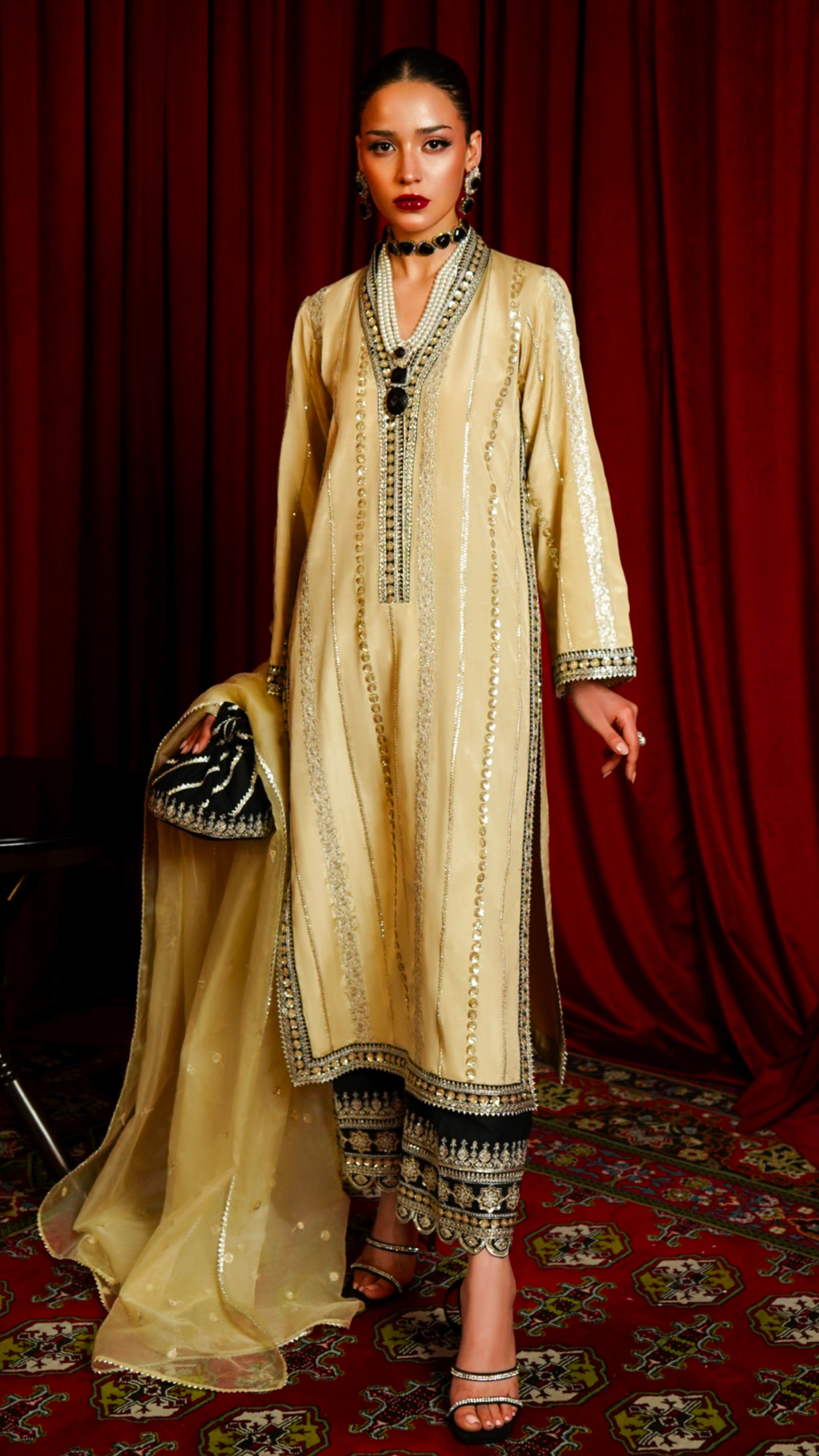 Pakistani Gold Embroidered Viscose Silk Salwar Kameez (3-Piece) - Image 5