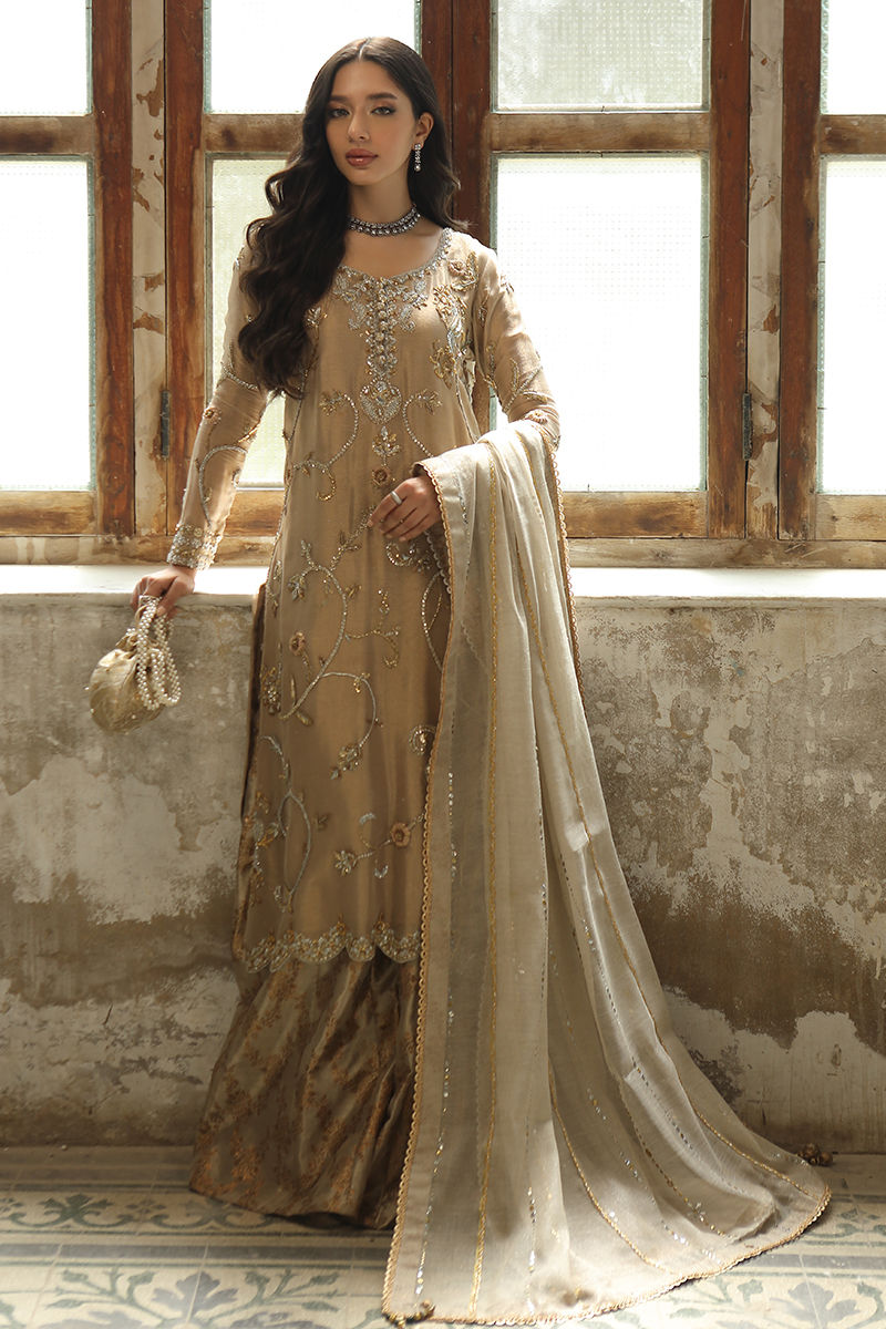 Rose Gold Handworked Zari Net Salwar Kameez (3-Piece) - Image 1