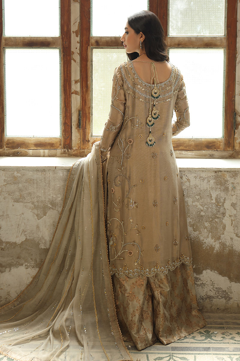 Rose Gold Handworked Zari Net Salwar Kameez (3-Piece) - Image 2